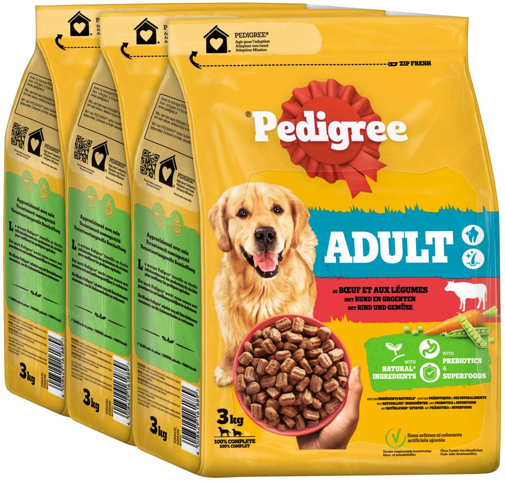 Pedigree PEDIGREE® Beutel Adult mit Rind und Gemüse 3 x 3kg, Trockenfutter für: Hunde