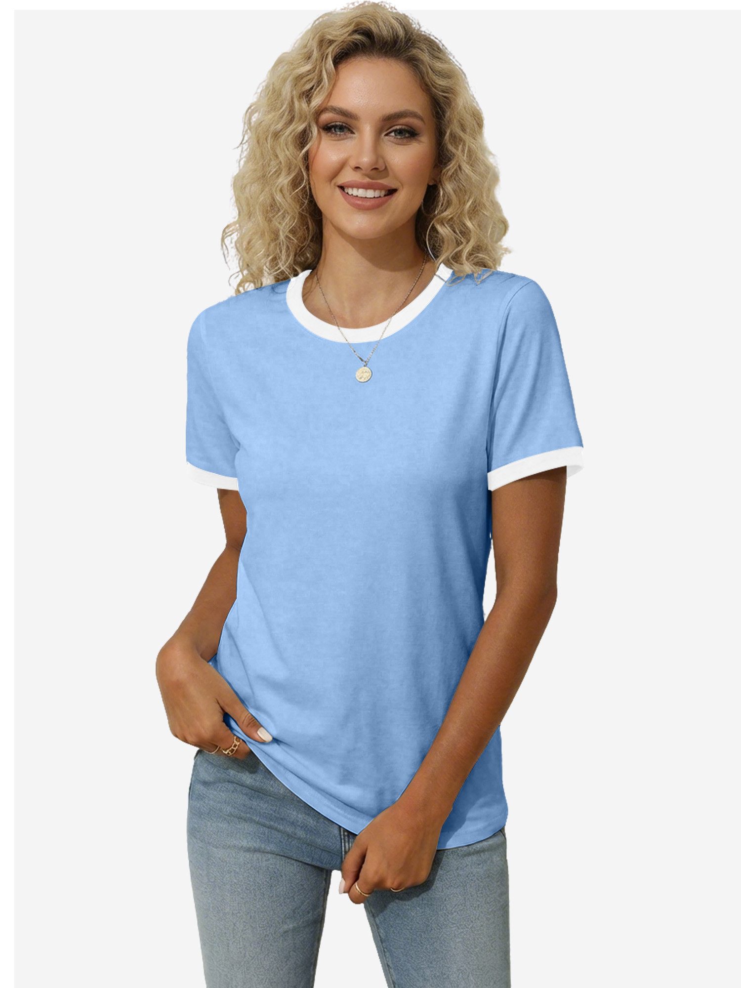 Imily Bela T-Shirt Damen Rundhalsbluse in Zweifarbig (Packung, 1-tlg., 1per-Pack) Helle Farben