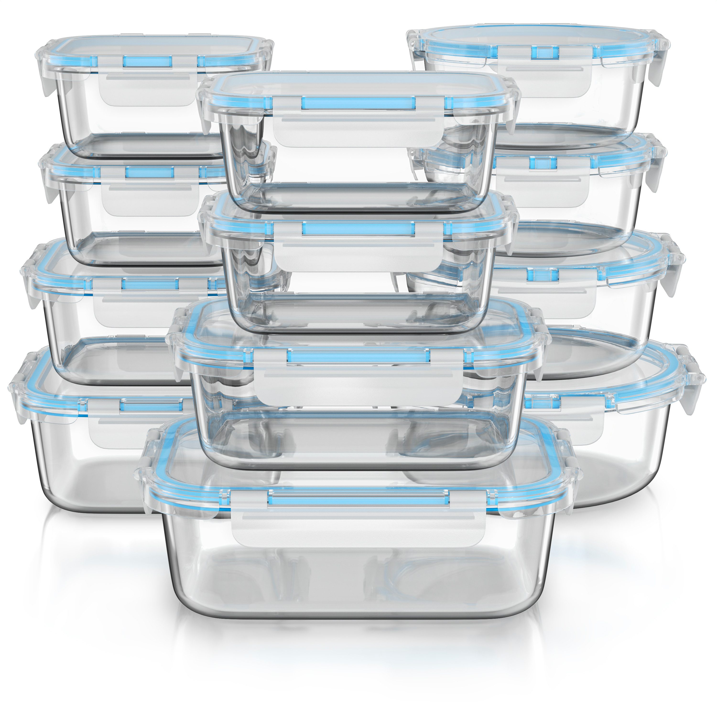 Arendo Frischhaltedose Arendo Vorratsdosen Glas mit Deckel, 12er Set, luftdicht, Meal Prep, Borosilikatglas, (Set, 12-tlg., 12er Set Glas-Vorratsdosen mit Deckel), 3 Formen, 4 Klickverschlüsse, Silikondichtung, 320-1040 ml