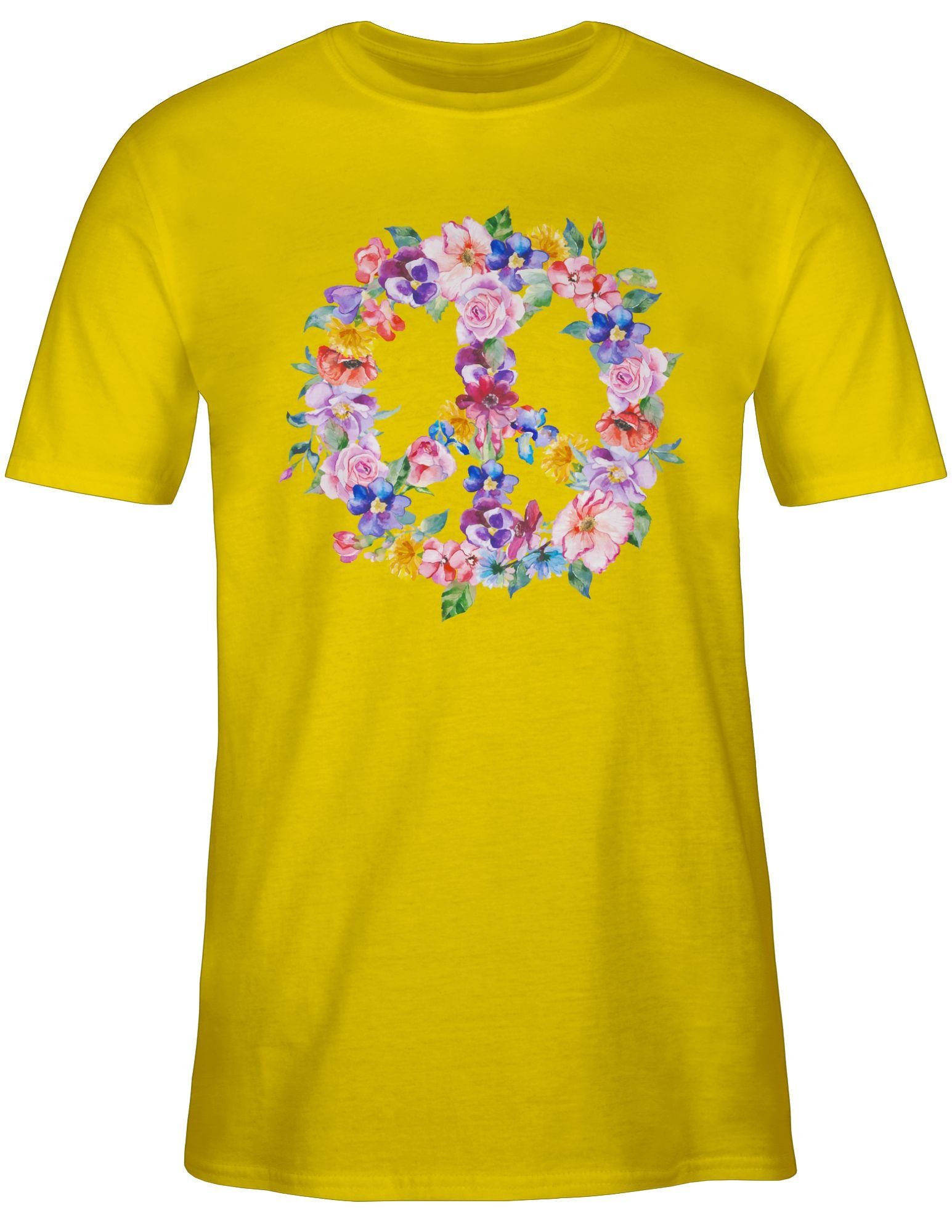 Shirtracer T-Shirt Peace Zeichen mit bunten Blumen Sprüche Statement 3 Gelb