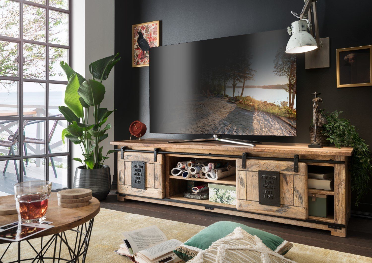 bene living Couchtisch Florenz - 180 cm - Mangoholz, Massivholz - Schiebetüren - Regalfächer - Ess- und Wohnzimmer - Büro