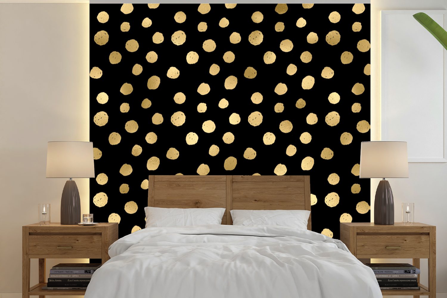 MuchoWow Fototapete Muster - Punkte - Gold, Matt, bedruckt, (5 St), Vinyl Tapete für Wohnzimmer oder Schlafzimmer, Wandtapete