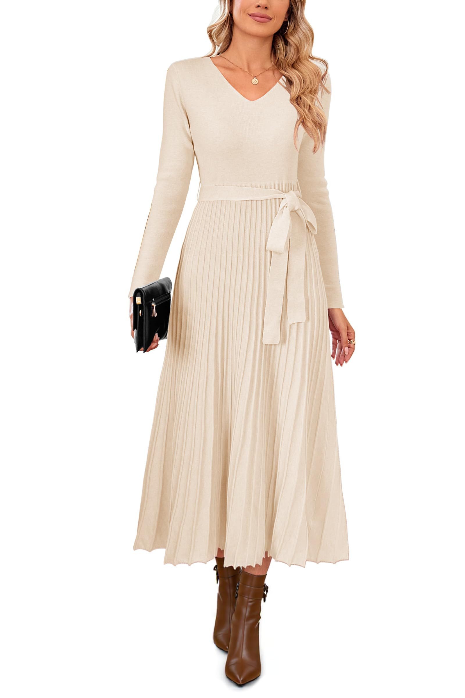 Arach&Cloz Strickkleid Damen Pulloverkleid Herbst Winterkleid Lang Plissee V-Ausschnitt Langarm Elegant Midi Kleider Winter