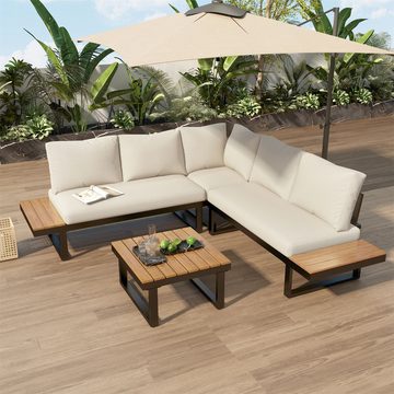 autolock Gartenlounge-Set Garten-Freizeitset mit verstellbarer Winkel-Liegefunktion(5 Stufen), Kunststoffplatte mit Teakholzmaserung,mit Couchtisch