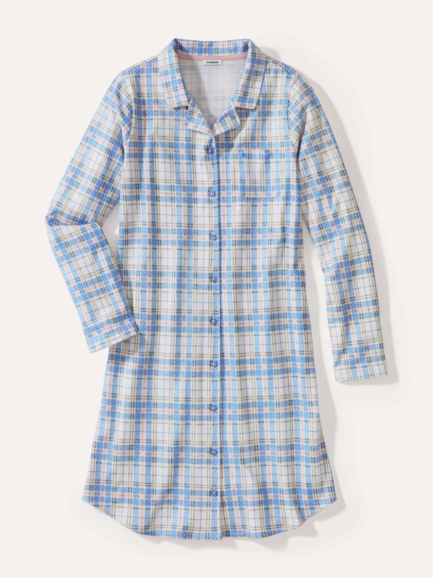 Walbusch Nachthemd Damen Nachthemd Jersey Flanell Baumwolle Langarm Nachtwäsche mit Peach-Effekt, Reverskragen, Knopfleiste, Brusttasche