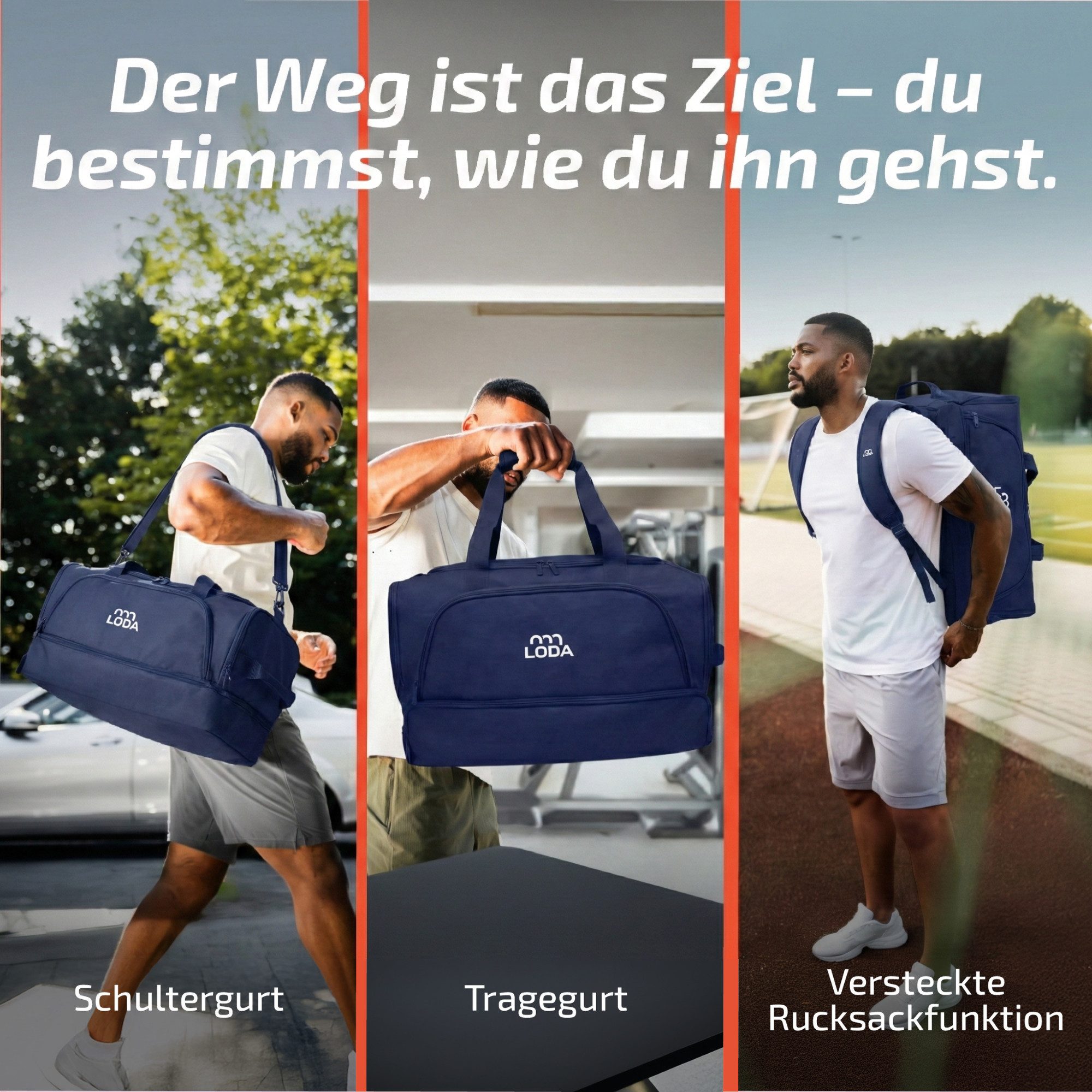 LODA sports Sporttasche compact 48L - Trainingstasche mit Rucksackfunktion & Schuhfach, 50 cm (L) x 30cm (B) x 32cm (H), 48 Liter Volumen