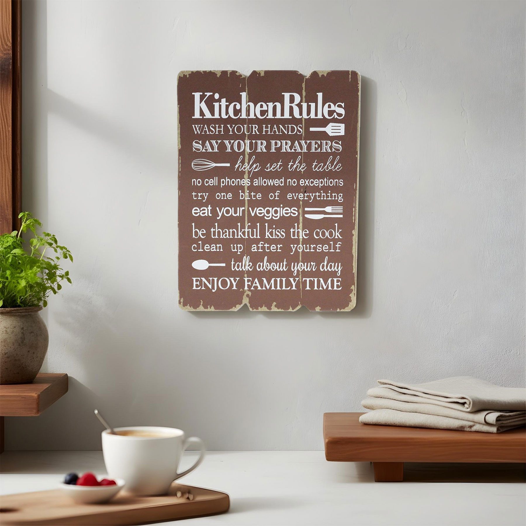 Levandeo® Wandbild, Wandbild Kitchen Rules 28x21cm Holz Braun Shabby Chic Vintage Küche