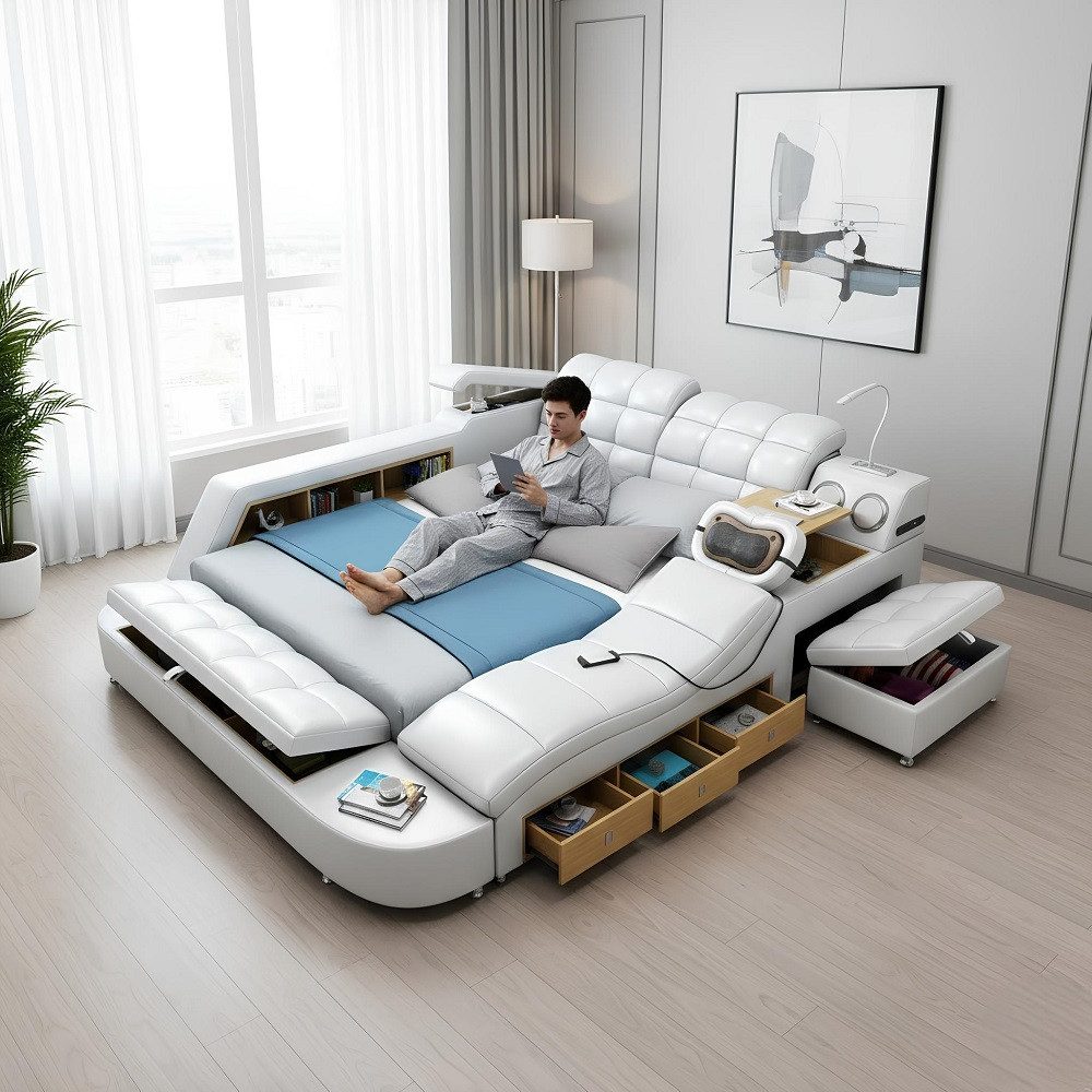 JVmoebel Multimediabett Multifunktionales Bett in Weiß mit Kunstleder und Silberglanz (1-tlg., Bett), Made in Europa