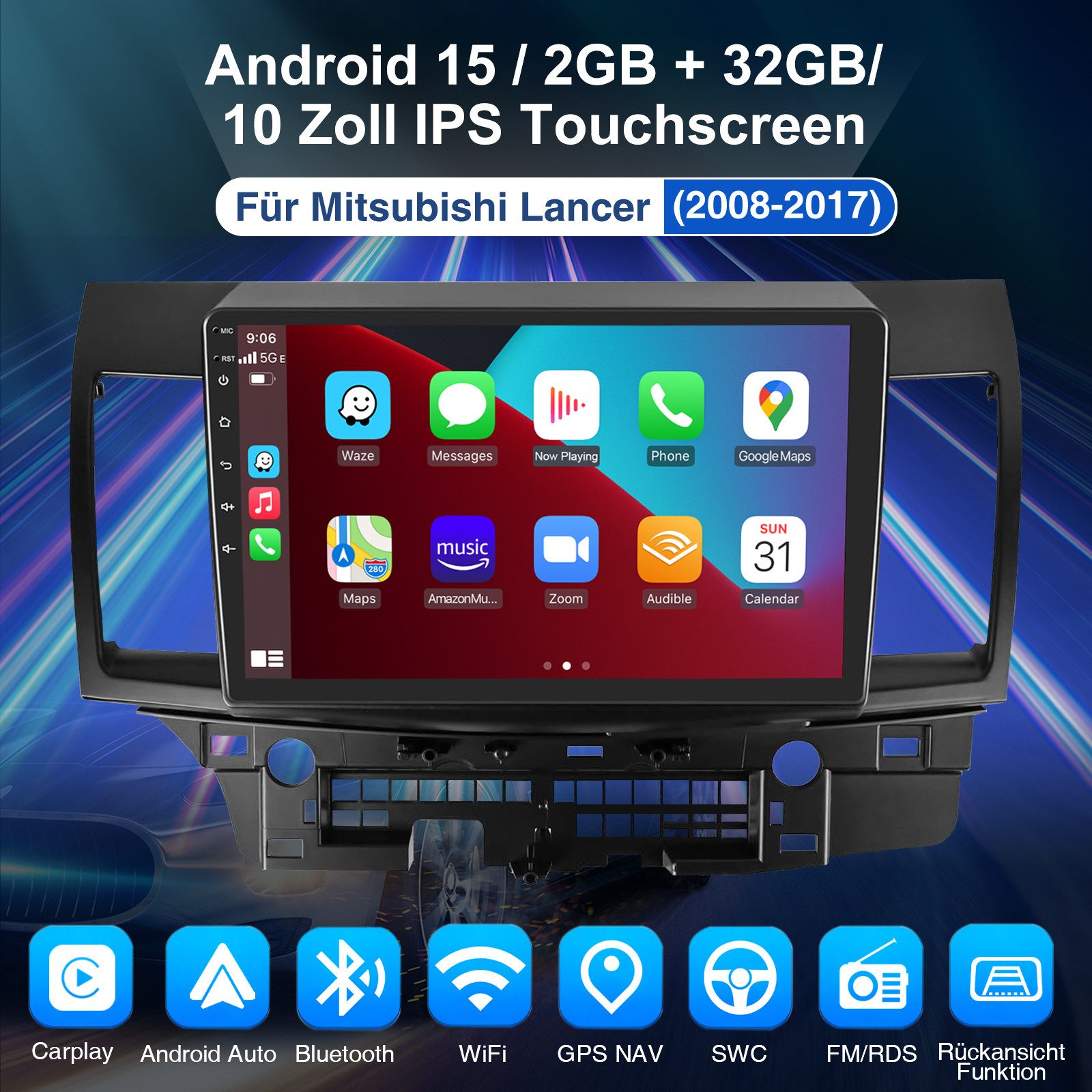 ESSGOO Android 15 Carplay Autoradio Für Mitsubishi Lancer 2008-2017 Autoradio (RDS, FM, GPS NAVI SWC RDS WIFI)