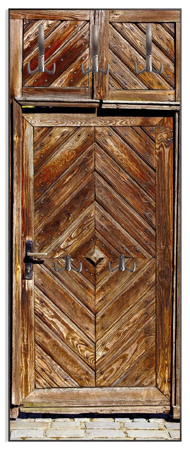 Wallario Garderobenpaneel Alte Holztür mit diagonalem Muster (1-teilig, inkl. Haken und Befestigung), 50x125cmHolz