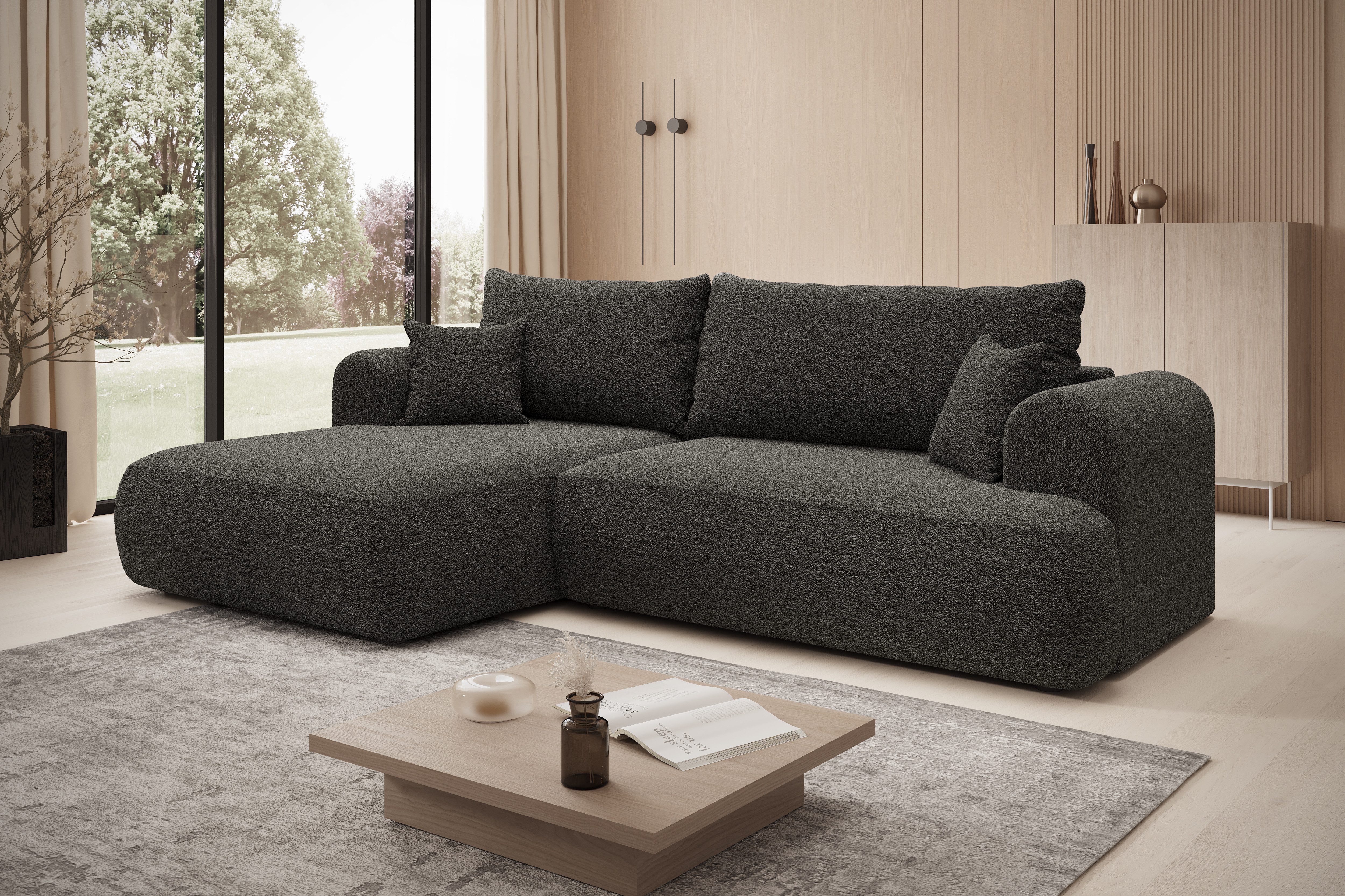 thematys Ecksofa mit Schlaffunktion und Bettkasten, L-Form, Cord und Bouclé + 2 Kissen, 260 x 165cm - Luxus Couch mit Bettfunktion mit Bonnellfedern