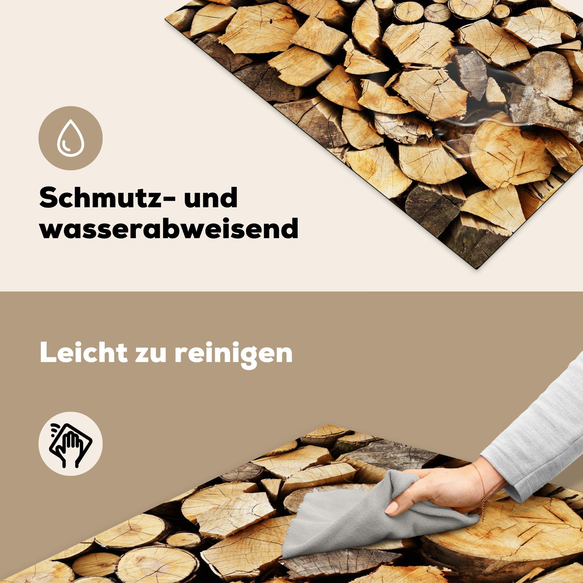 Gestapeltes Induktionskochfeld Herdblende-/Abdeckplatte Schutz Brennholz, küche, für Ceranfeldabdeckung 81x52 die Vinyl, MuchoWow (1 tlg), cm,
