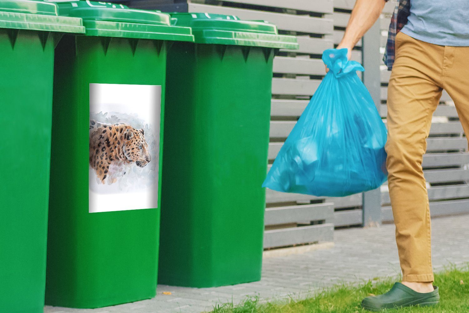 (1 Container, - Abfalbehälter St), MuchoWow Leopard - Aquarell Tiere Mülltonne, Sticker, Mülleimer-aufkleber, Wandsticker