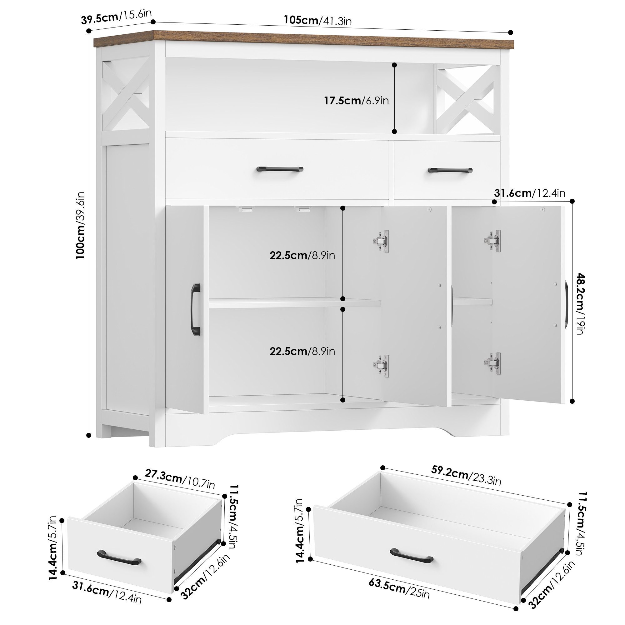 HOMECHO Sideboard, Küchenschrank mit Arbeitsplatte, 2 Schubladen und 3 Türe günstig online kaufen
