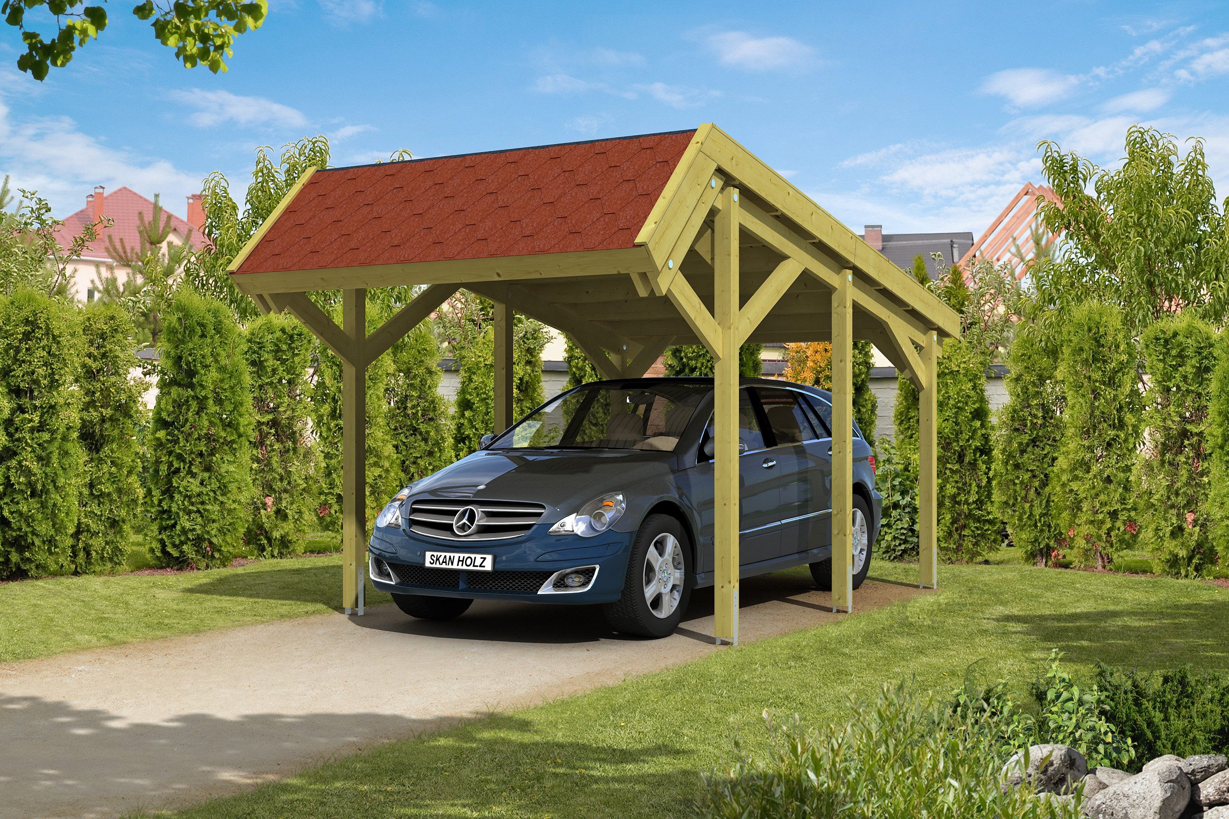 Thumbnail - Skanholz Einzelcarport Harz, BxT: 321x560 cm, 219 cm Einfahrtshöhe, mit roten Dachschindeln