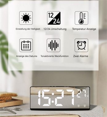 Dekorative Wecker LED Wecker Digital, Spiegel-Wecker, Datum Temperatur mit Anzeige Digital Uhr mit Snooze Moduls