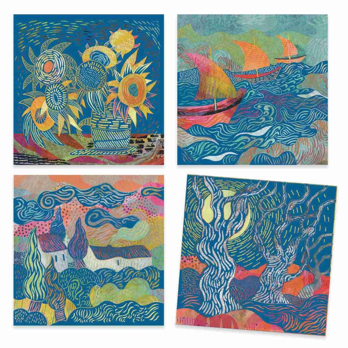 DJECO Kreativset Inspired by: Vincent van Gogh 4 Kratzbilder 20 x 20 cm DJ09378