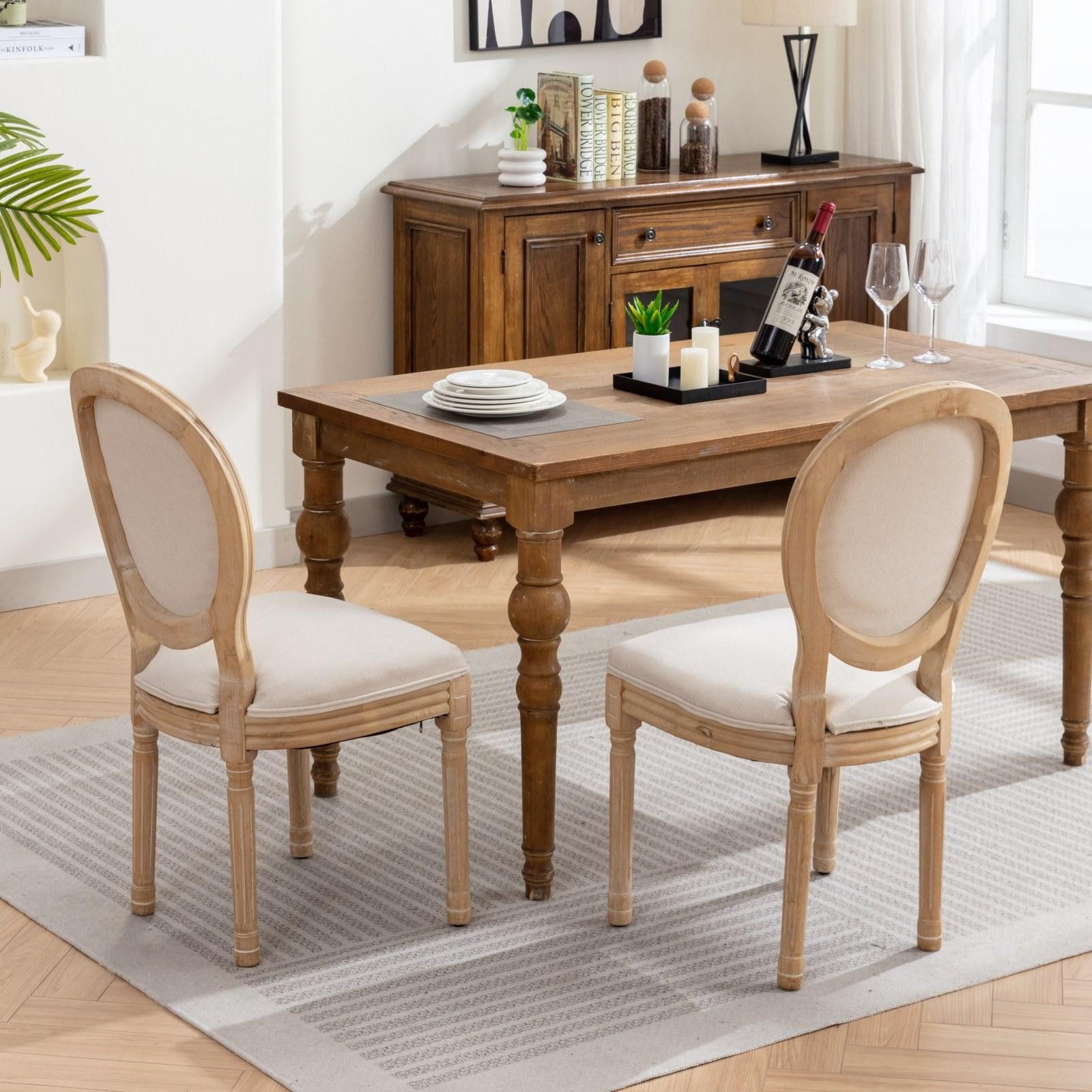 BBG Esszimmerstuhl Esszimmerstuhl 2er Set, Polsterstuhl im Französischen Landhausstil (2 St), Massivholz (Kautschukholz) mit Antik-Finish, Leinen-Bezug