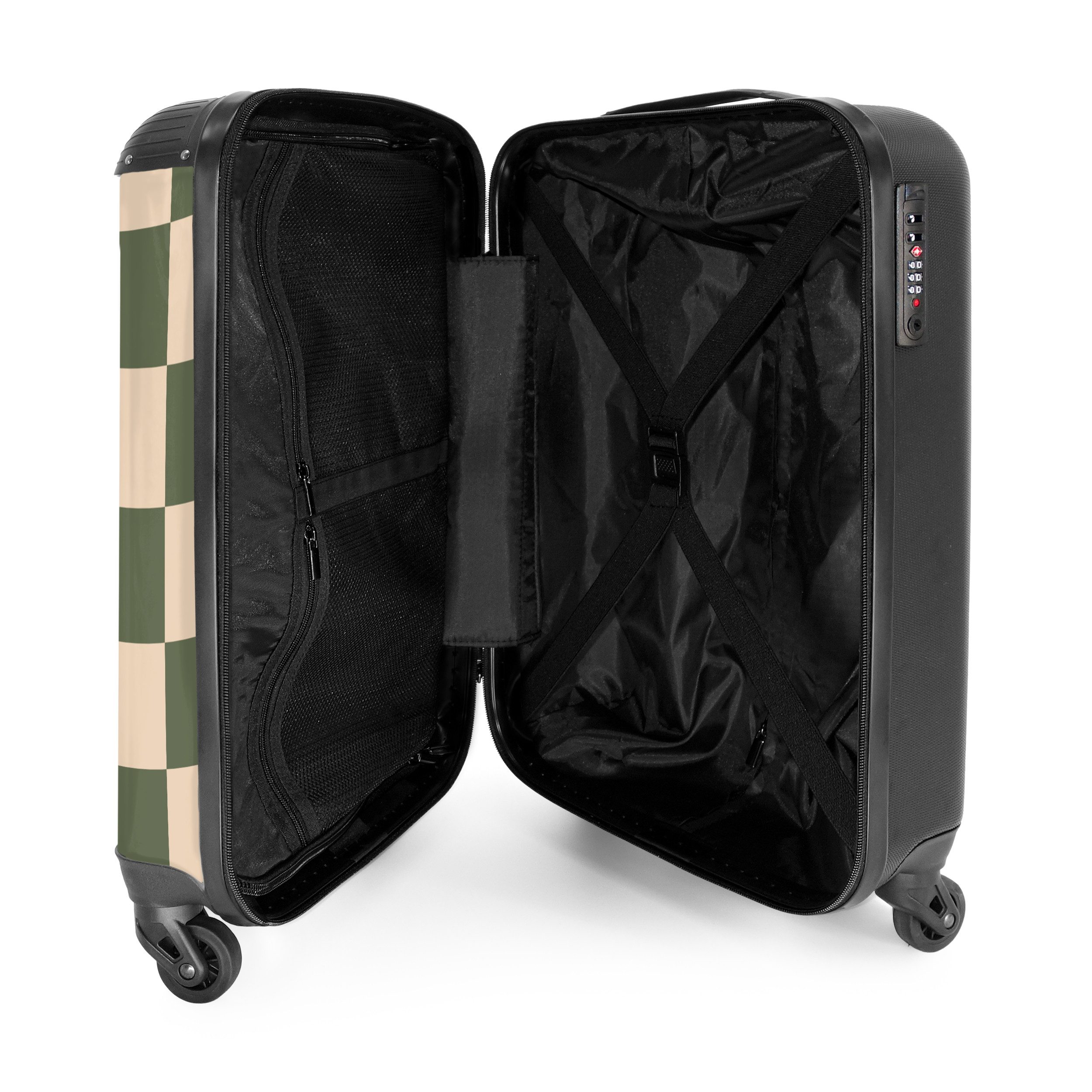 NoBoringSuitcases.com© Hartschalen-Trolley Grün mit beigem Schachbrettmuster 55x35x20cm, 4 Rollen, Reisekoffer mit 4 Rollen, Carry on luggage, Männer