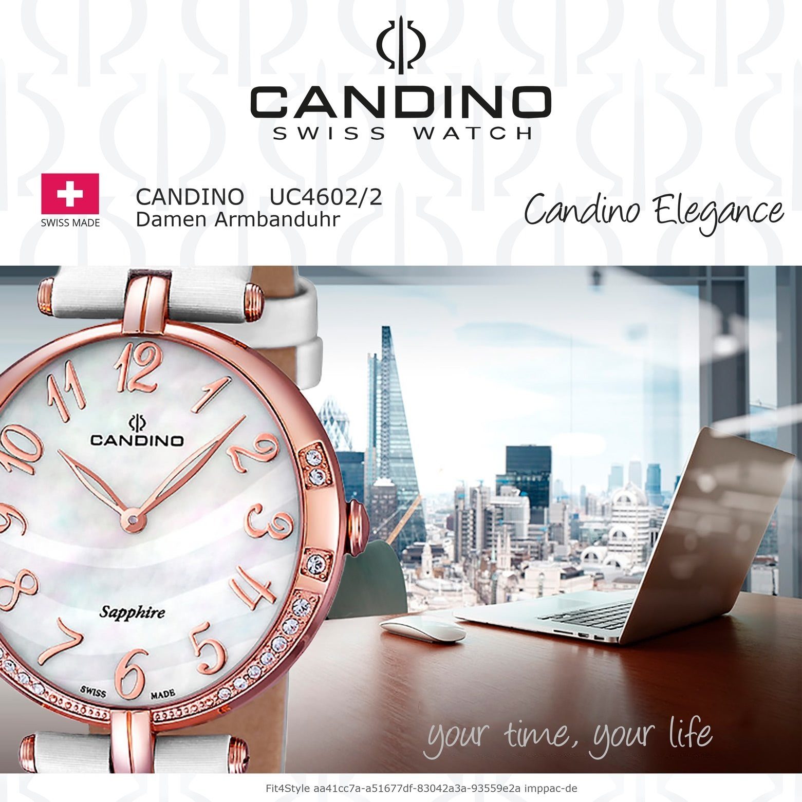 Candino Damen weiß Edelstahlarmband Damenuhr C4602/2, Elegance Candino rund, Armbanduhr Quarzuhr