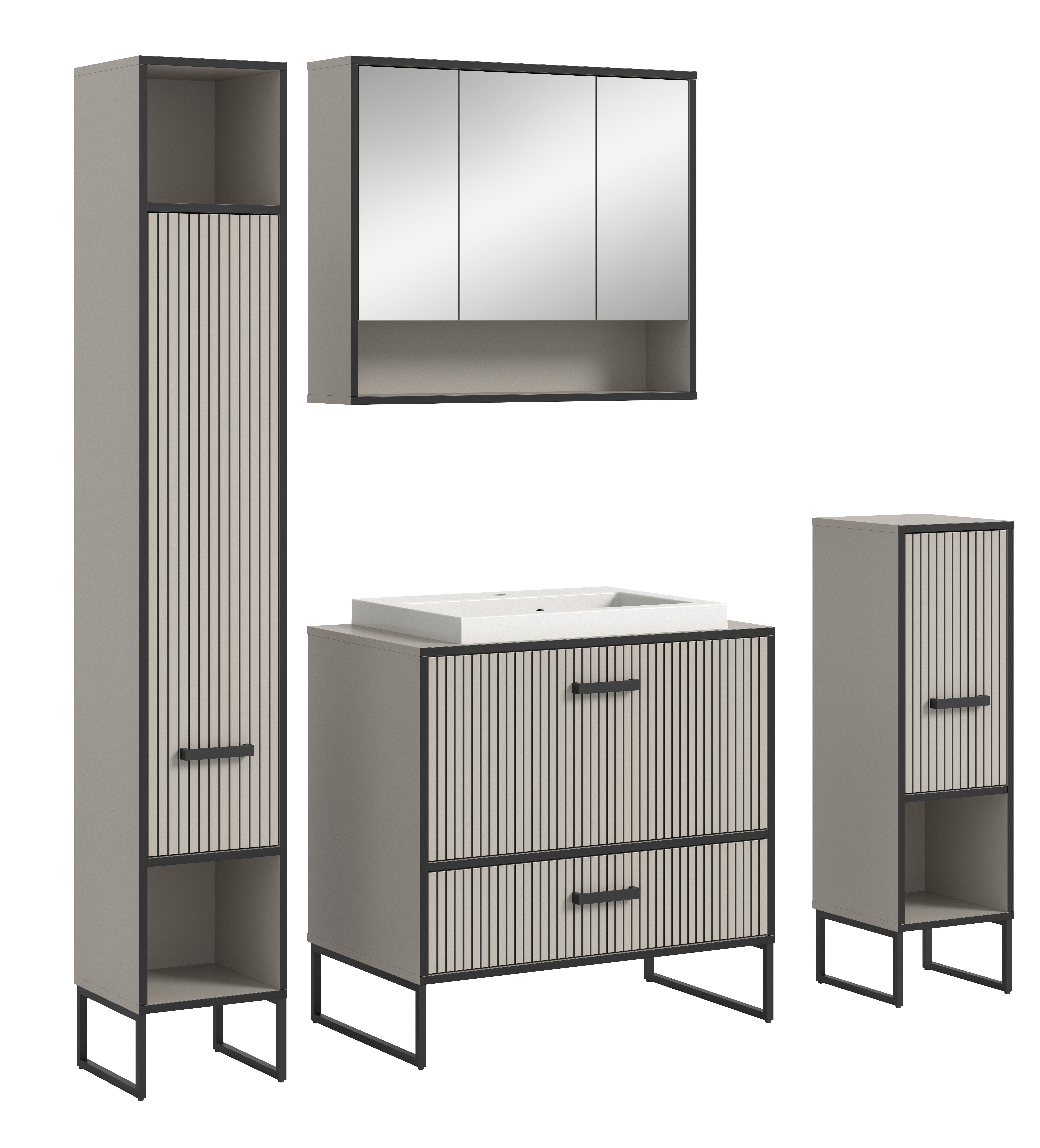 furnling Badmöbel-Set Benno, (4-St., Hochschrank, Spiegelschrank, Standschrank, Waschtisch mit Waschbecken), Rillenoptik, Breite 170 cm, Badschrank, Badkombination, Kaschmir
