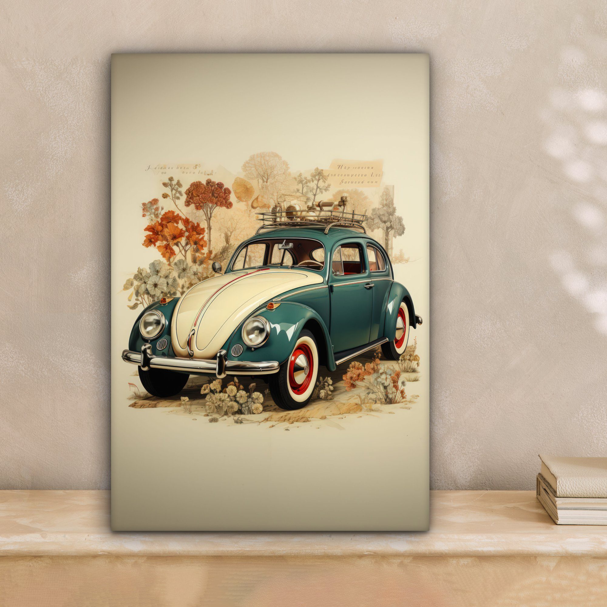 Licht, Zackenaufhänger, - Oldtimer OneMillionCanvasses® Blau - inkl. Pflanzen - bespannt St), Leinwandbild Gemälde, Leinwandbild cm 20x30 Auto (1 fertig -