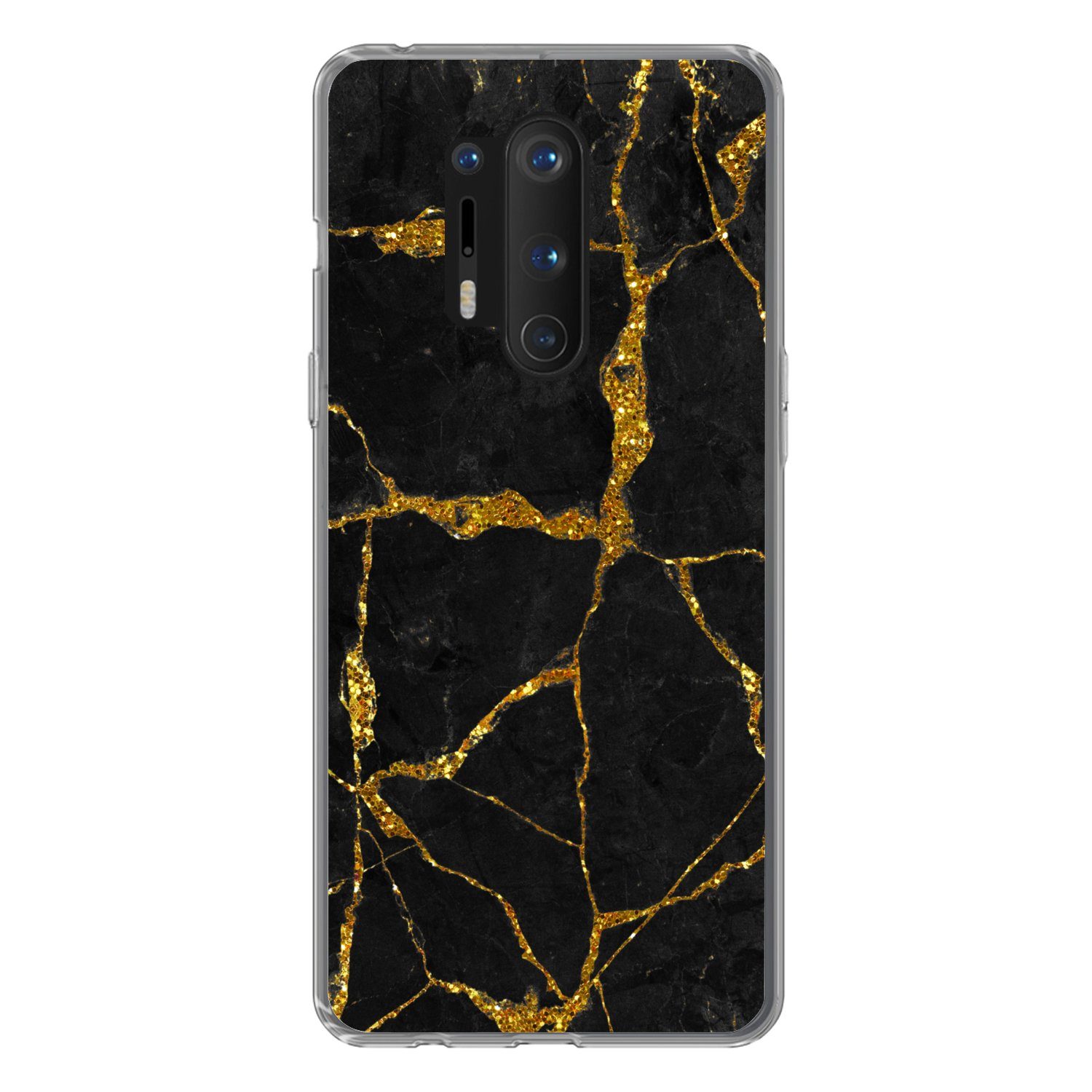 MuchoWow Handyhülle für OnePlus 8 Pro Marmor - Gold - Schwarz - Marmoroptik - Glitter, Phone Case, Silikon, Schutzhülle Dünn