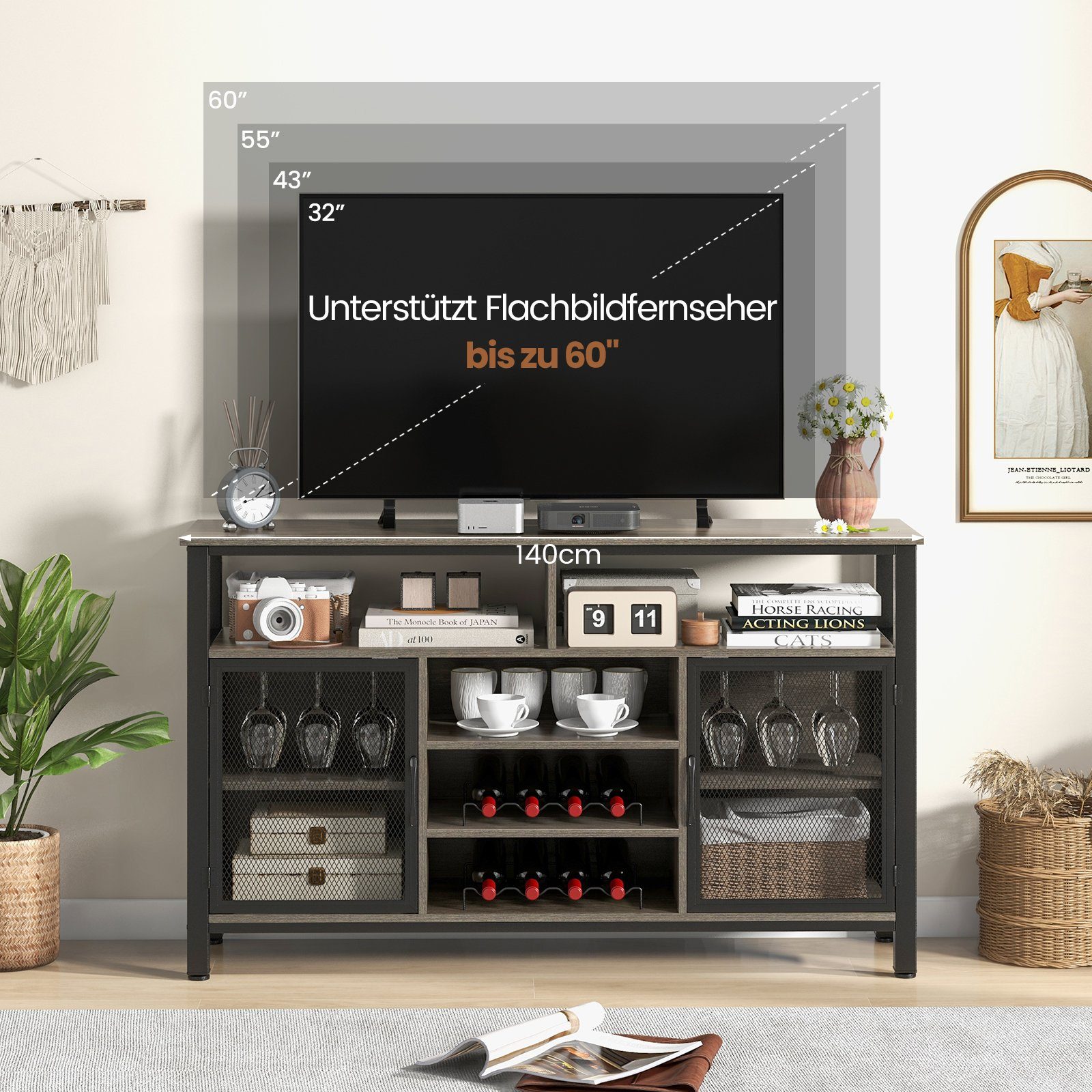 COSTWAY Sideboard, Küchenschrank mit 2 Metallgittertüren, Weinregalen, 140cm