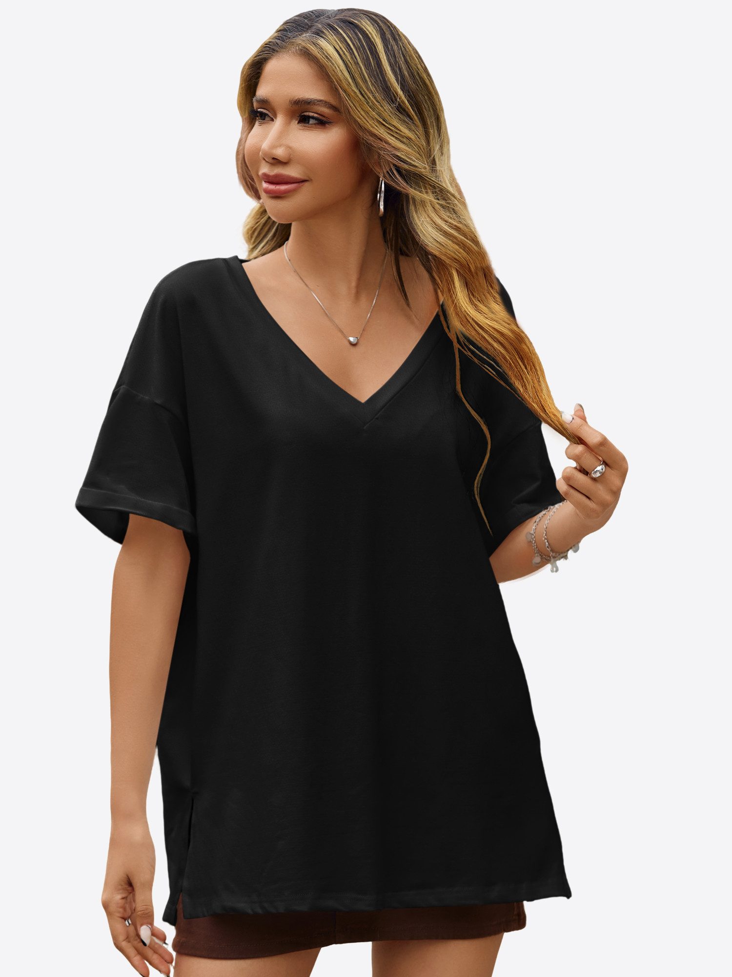 Imily Bela T-Shirt Damen Lockerer V-Ausschnitt mit gerollten Ärmeln und Seitenschlitzen (Packung, 1-tlg., 1per-Pack) Kurzarm in Unifarbe
