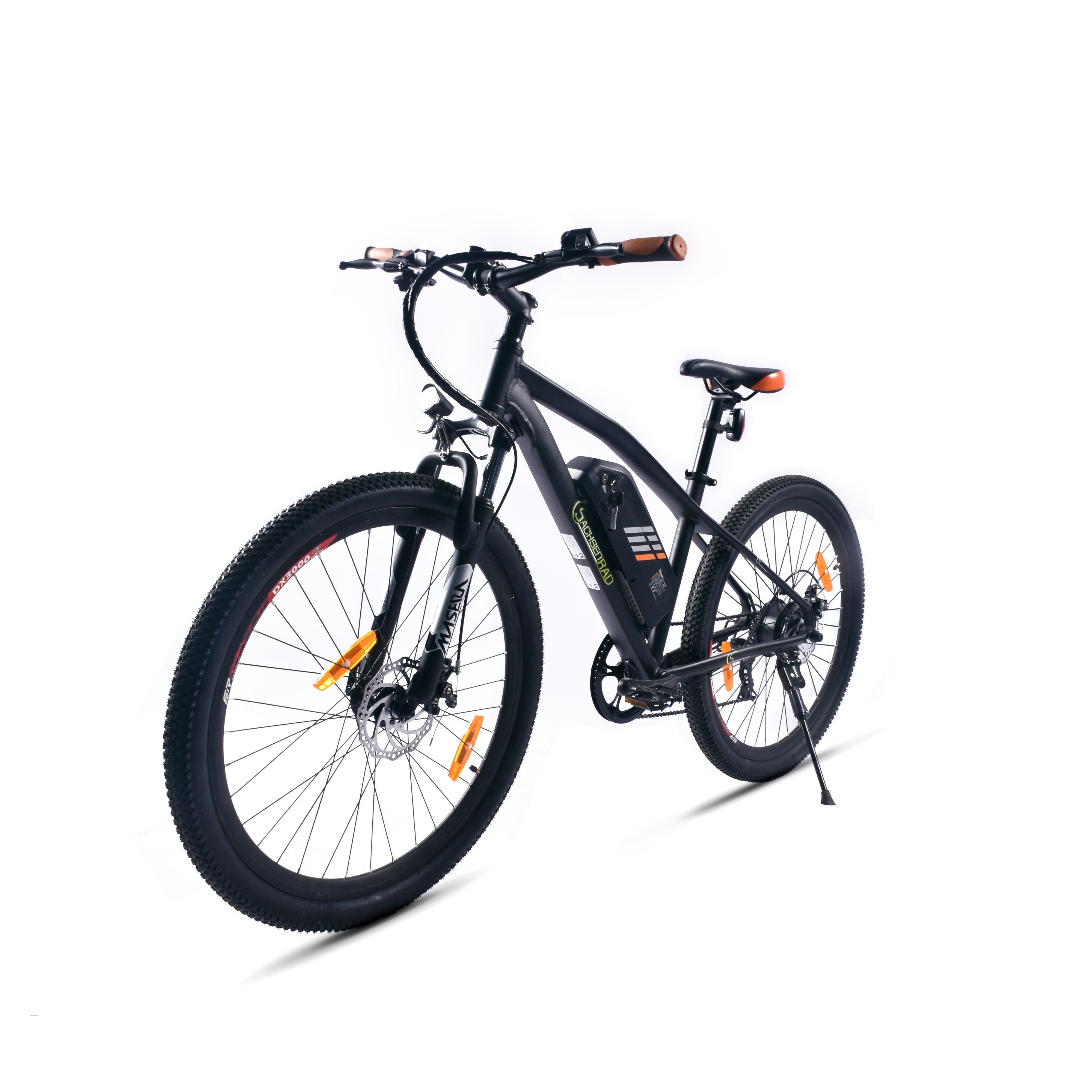 und 27,5 SachsenRAD TX Shimano KM 7 E-Bike Gang konform Tourney (1 Kettenschaltung, E-Bike Hinterradmotor, Zoll Schaltwerk, 7 StVZO Rücklicht, LCD-Display,LED-Front- R6 Stück), E-Mountainbikeca.150 Schwarz-Orange, Reichweite