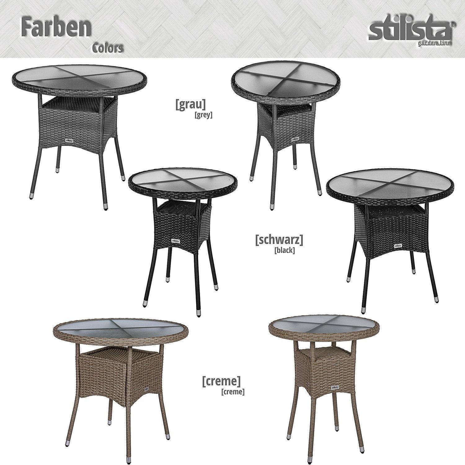 STILISTA Beistelltisch Gartentisch Balkontisch Loungetisch Tischplatte, und Farbwahl Polyrattan, Glas Rund, Modell- Schwarz Kaffeetisch
