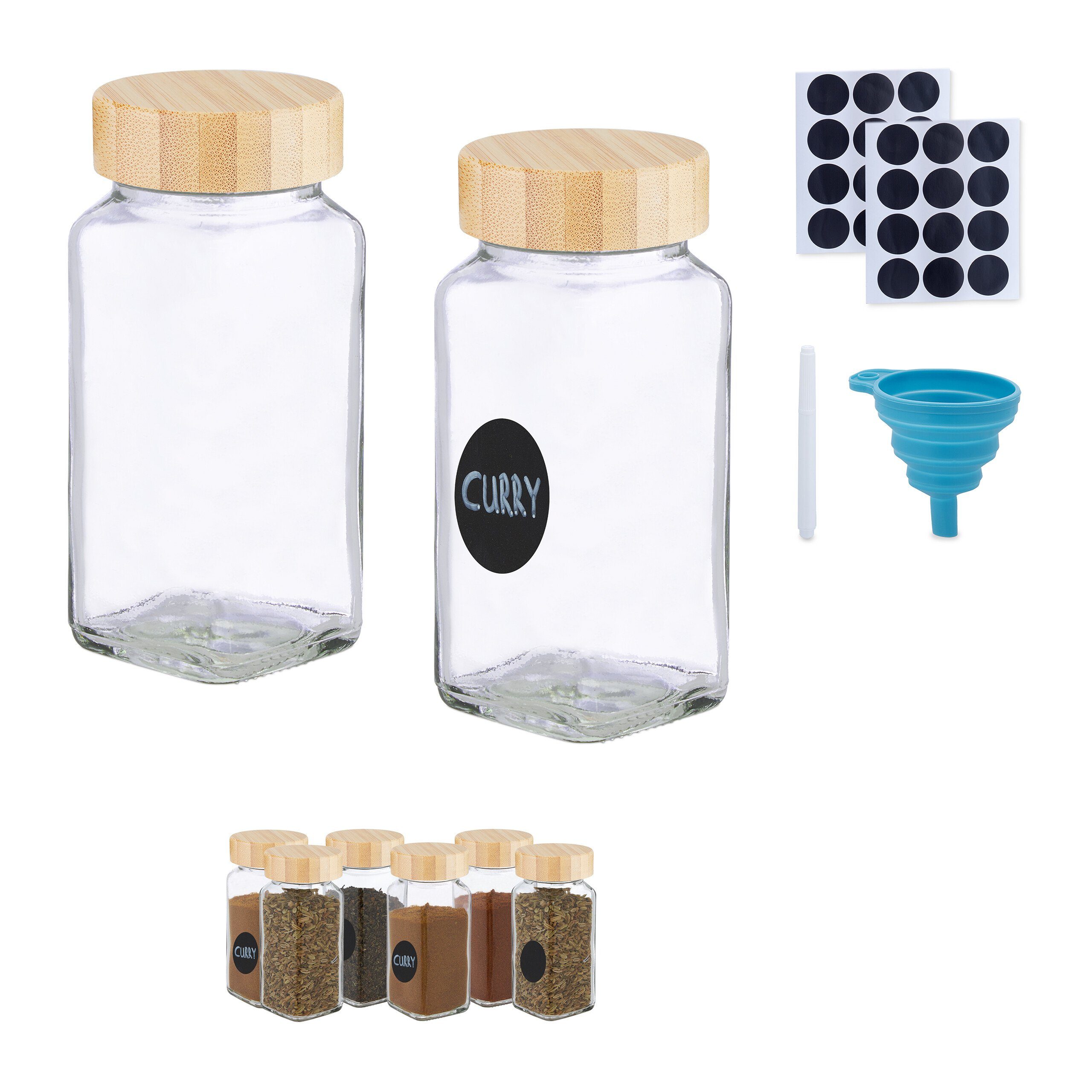 relaxdays Gewürzstreuer Gewürzgläser Set mit Bambusdeckel, 8er Pack