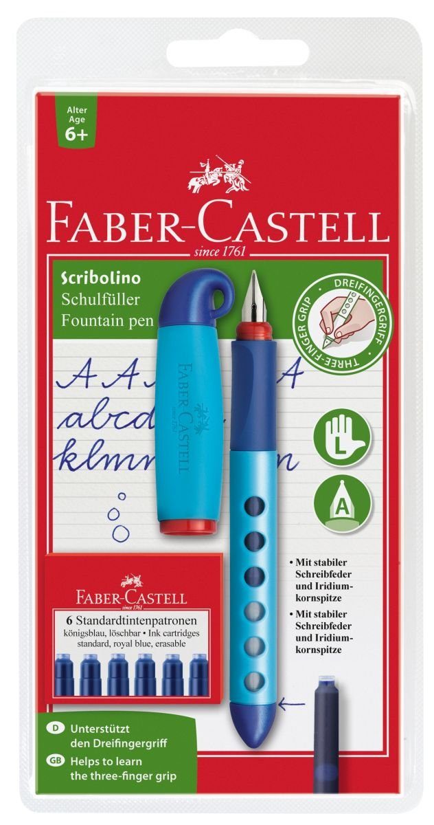 L, Faber-Castell Schulfüller Scribolino Schreibtischunterlage - Patronen inkl. sortiert, Linkshänder,