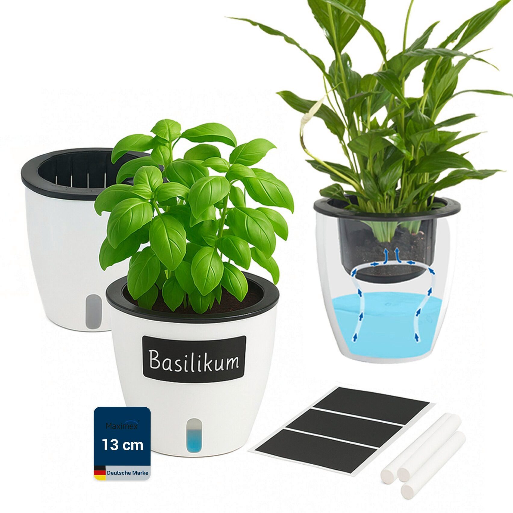 Maximex Pflanzschale Selbstbewässernde Pflanztöpfe (Set, 3 St), 13x13,5 cm, mit Wasserstandsanzeige