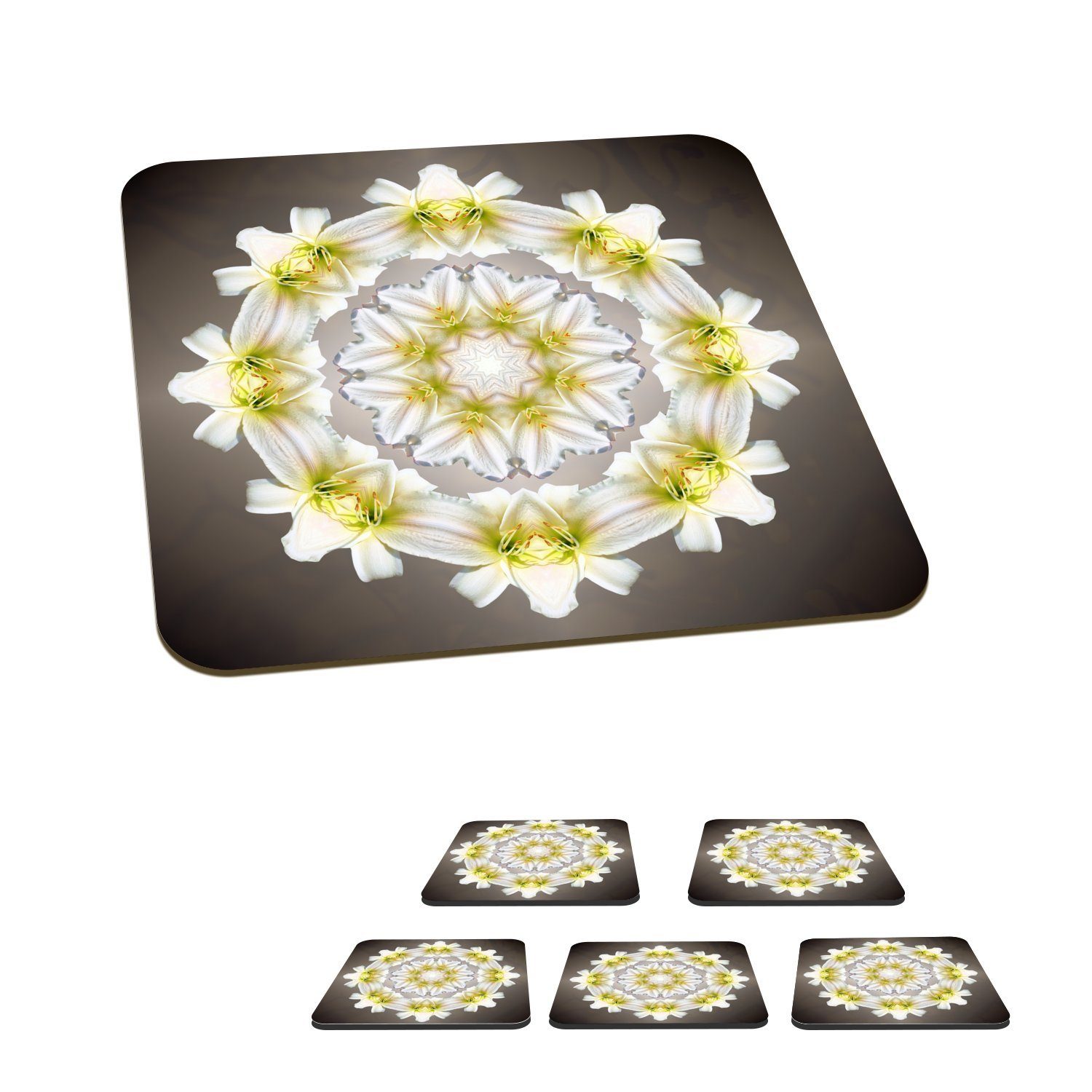 MuchoWow Glasuntersetzer Eine weiße Blume in Form eines Mandalas, Zubehör für Gläser, 6-tlg., Glasuntersetzer, Tischuntersetzer, Korkuntersetzer, Untersetzer, Tasse