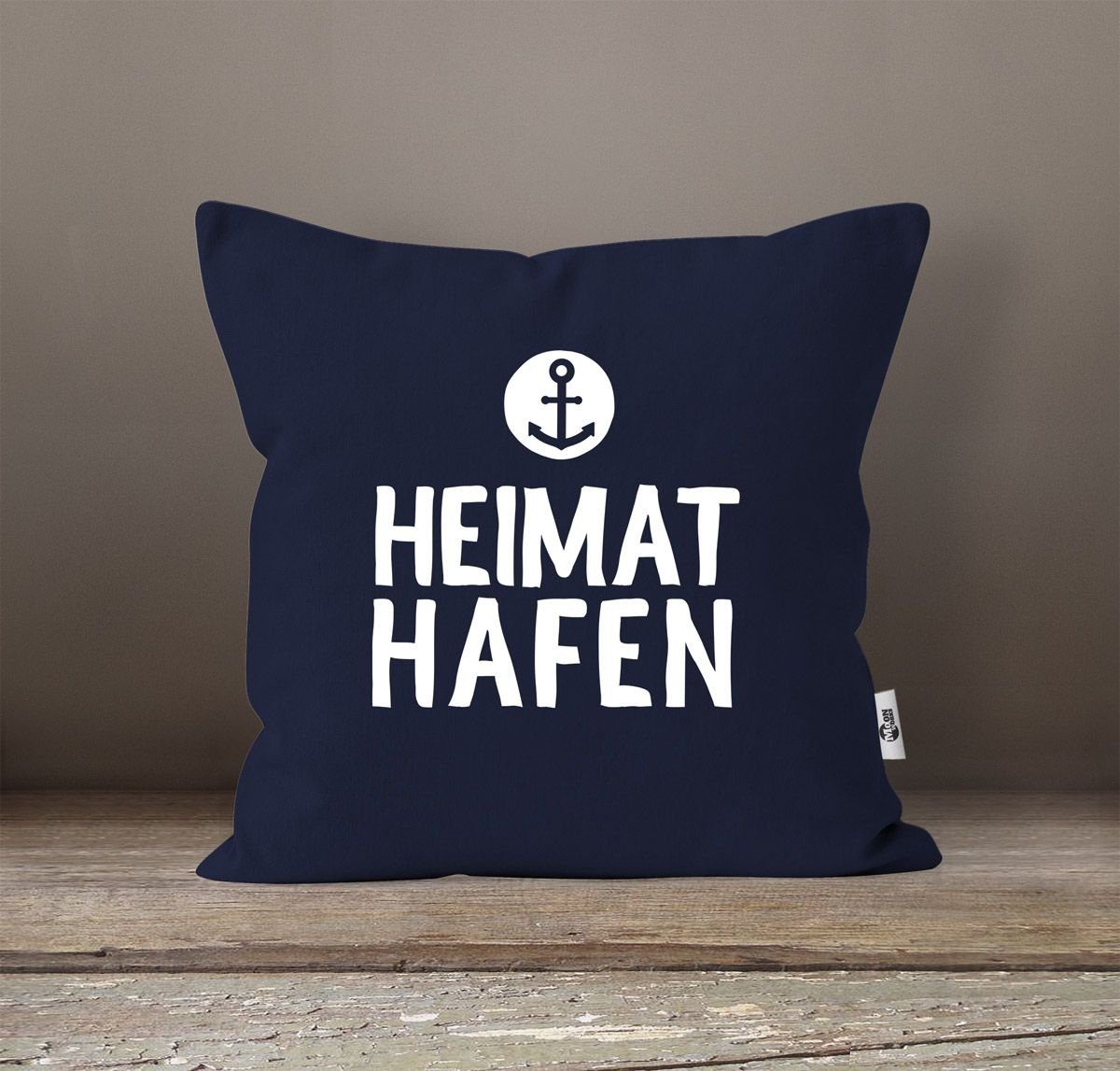 MoonWorks Dekokissen Kissenbezug Aufschrift Freunde Moonworks® Familie Motiv navy Heimathafen Geschenk Anker maritimes Partner