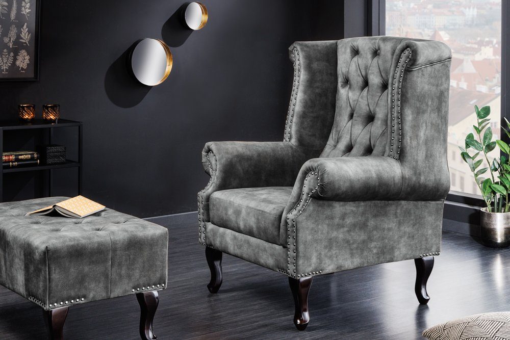 riess-ambiente Ohrensessel CHESTERFIELD 105cm grau / dunkelbraun (Einzelartikel, 1-St), Wohnzimmer · Samt · Holz · Relax · Schlafzimmer