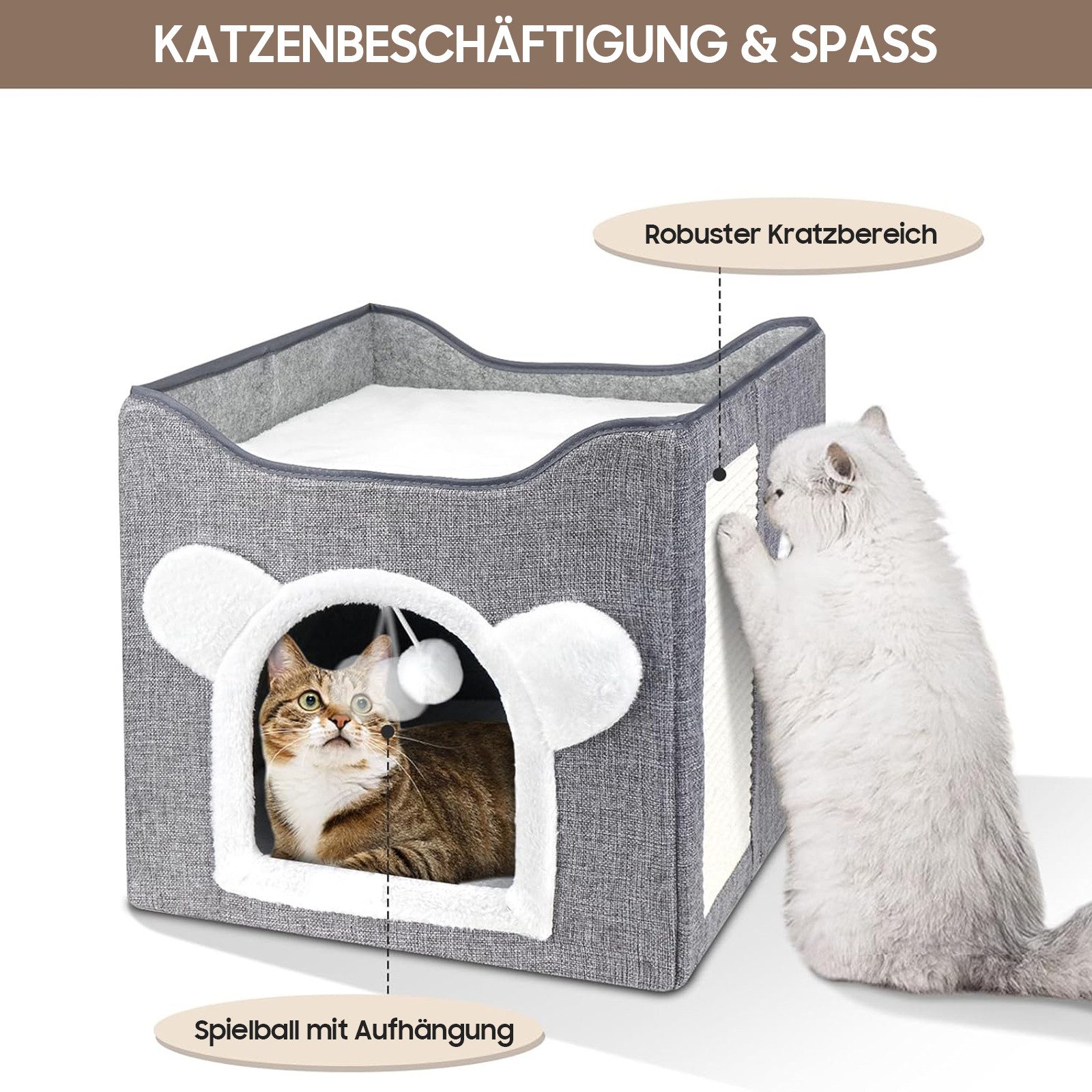 SURFOU Katzenhaus Katzenbett Hundehöhle, faltbares Katzenhaus mit Kratzbrett, 39x39x38cm, Flauschig mit Spielball, für innen/draußen, stabile Katzenhöhle