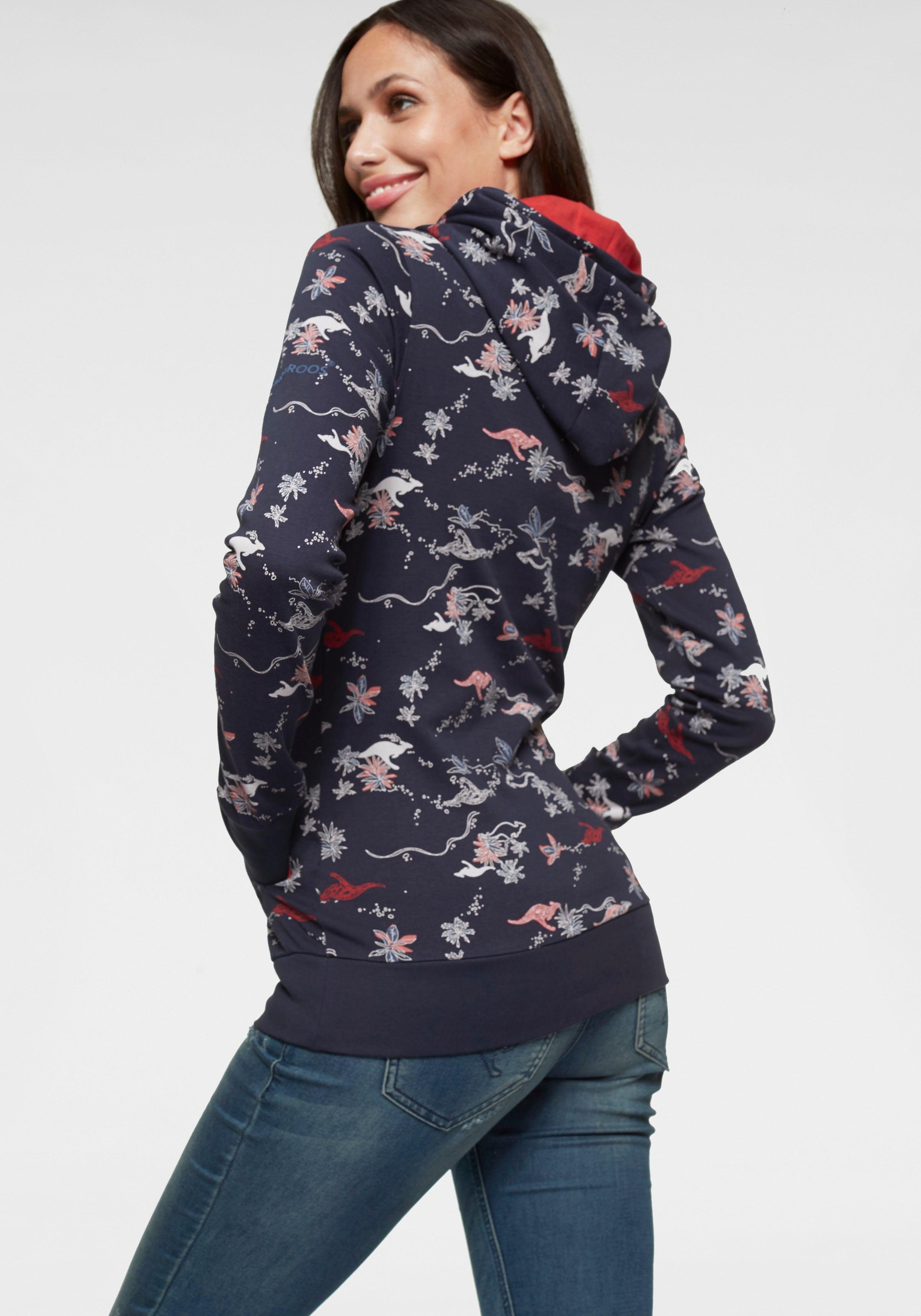 Damen Pullover KangaROOS Kapuzensweatshirt im Allover-Print mit kontrastfarbenem Kapuzen-Futter