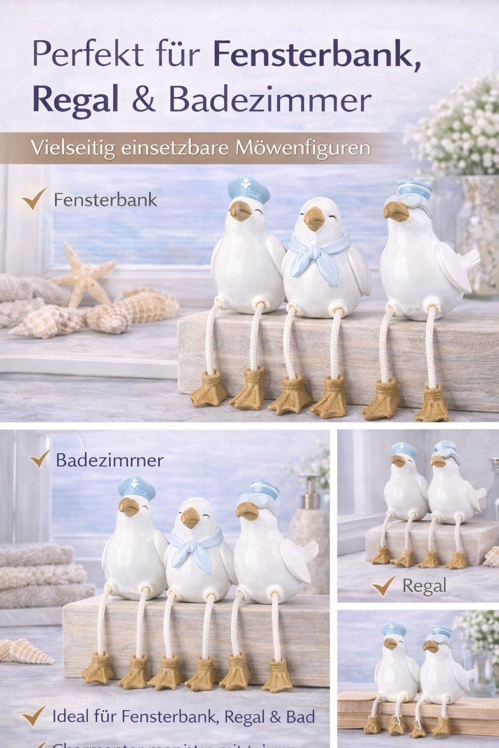 GILDE Dekofigur Kantensitzer Möwen Sigurd, 3er Set, maritime Dekofiguren aus Kunstharz (3 St., 3 Möwen Figuren "Sigurd)