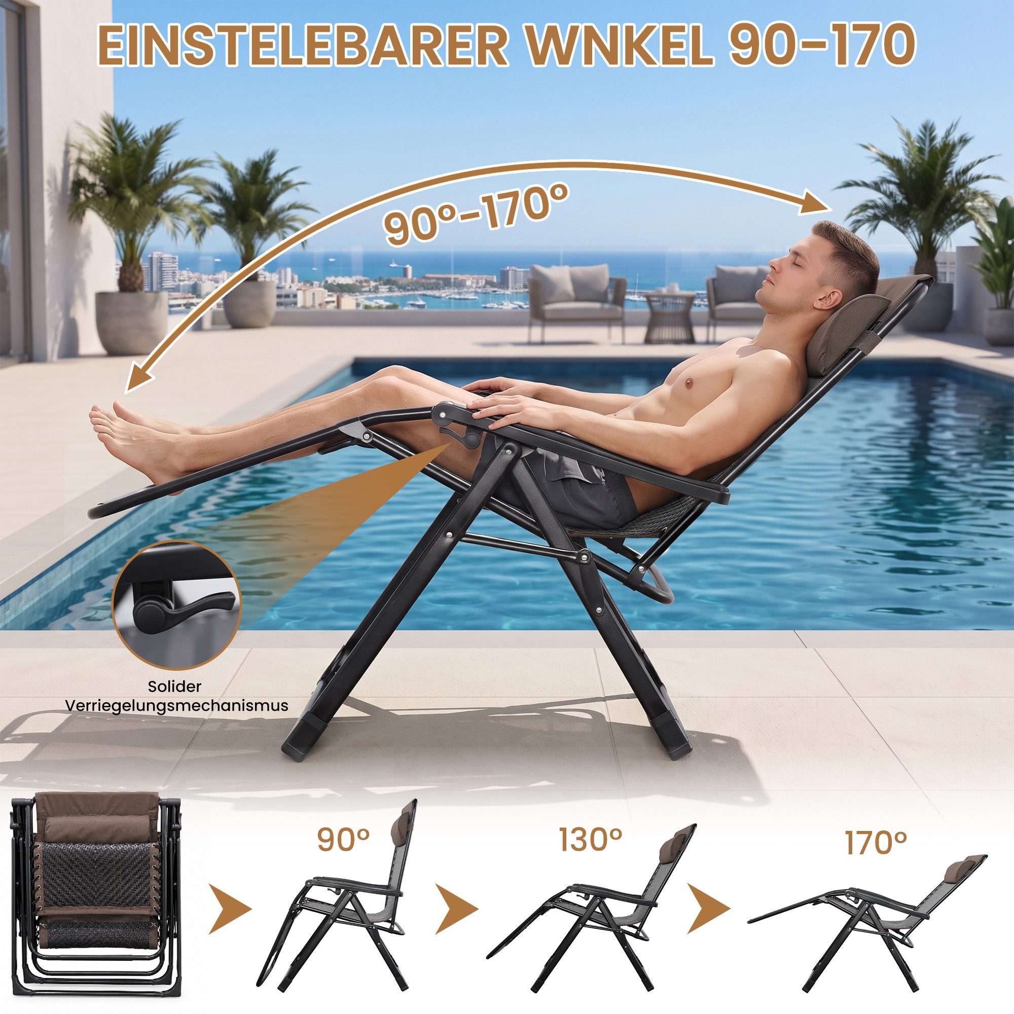 DAITORE Gartenliege Sonnenliege mit verstellbarer Rückenlehne, Kissen & Kopfpolster, für Patio-Garten-Strand-Pool, mit Kissen-Unterstützung 200kg