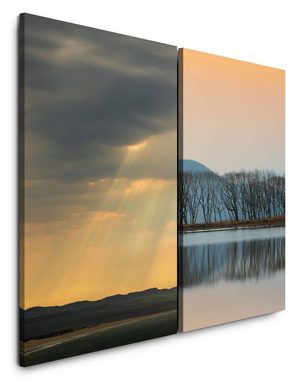 Sinus Art Leinwandbild 2 Bilder je 60x90cm Wolkenbruch Sonnenstrahlen Baumreihe Horizont Berge Ruhe See