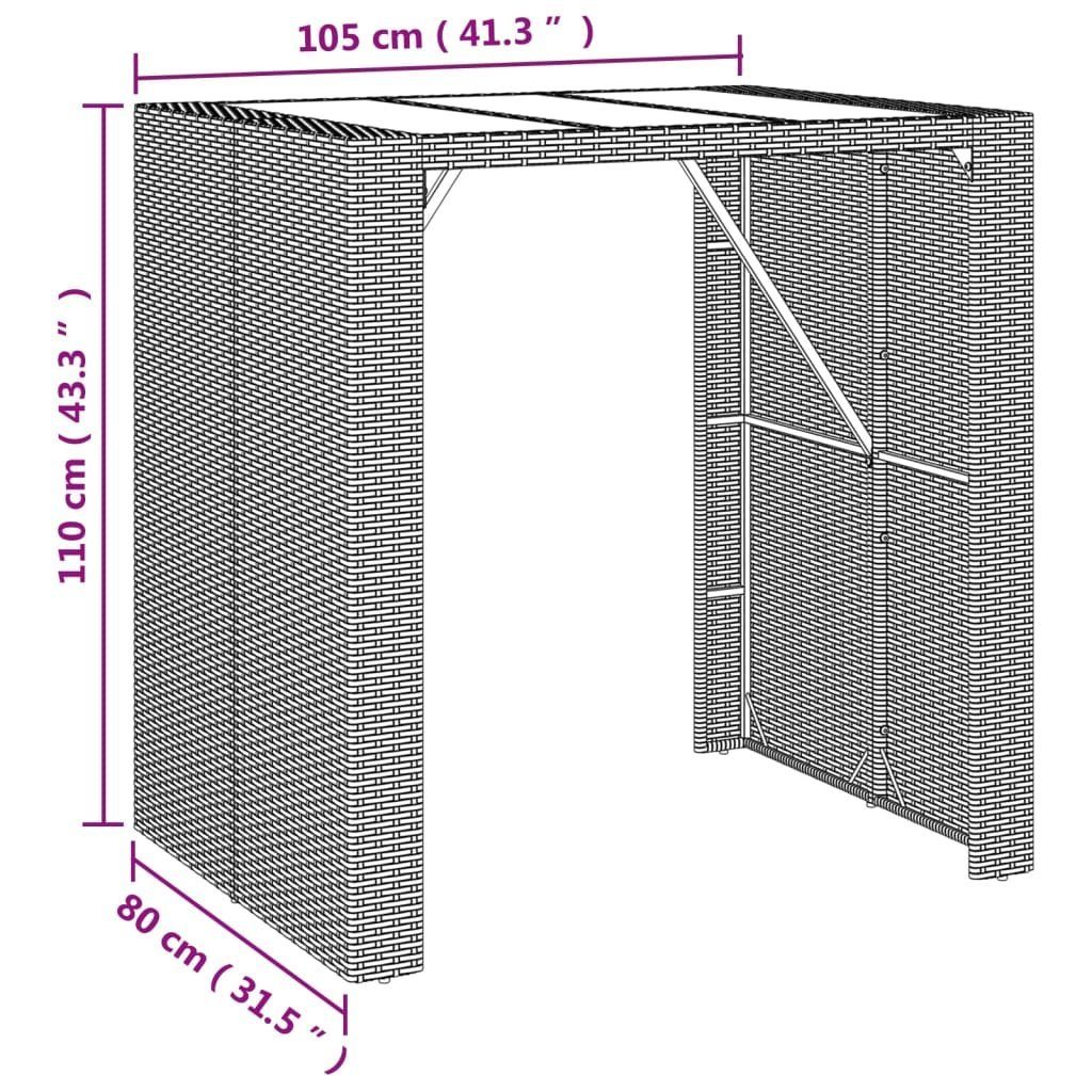 vidaXL Rattan Poly Bartisch 105x80x110 cm Gartentisch Braun Glasplatte | (1-St) Braun mit Braun