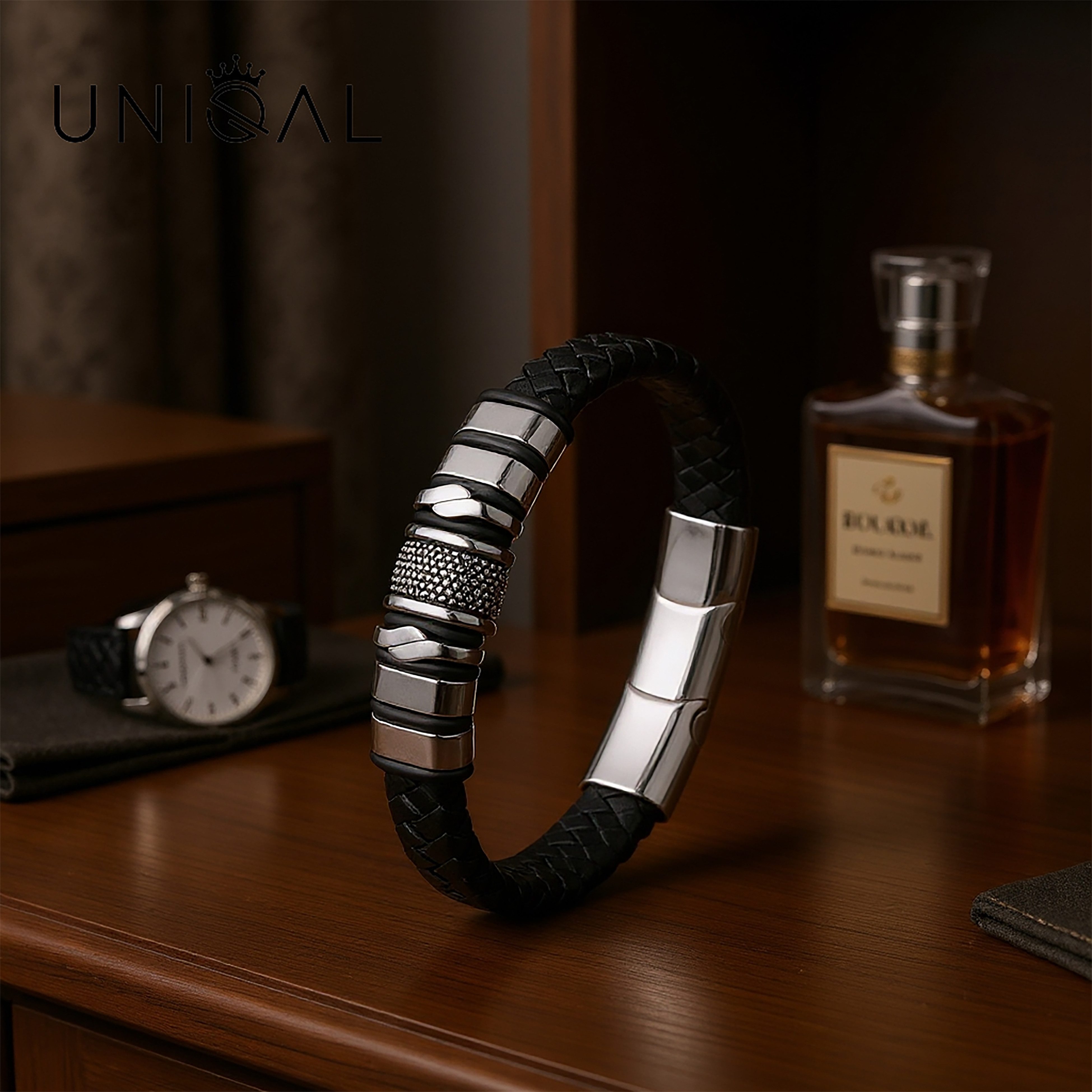 UNIQAL.de Lederarmband „MAMBA“ – Maskulines Design in Schwarz & Silber (Echtleder, Edelsthal, Magnetverschluss mit Verlängerungsglied, perfektes Geschenk, Bewährte UNIQAL Qualität), Designed in Germany