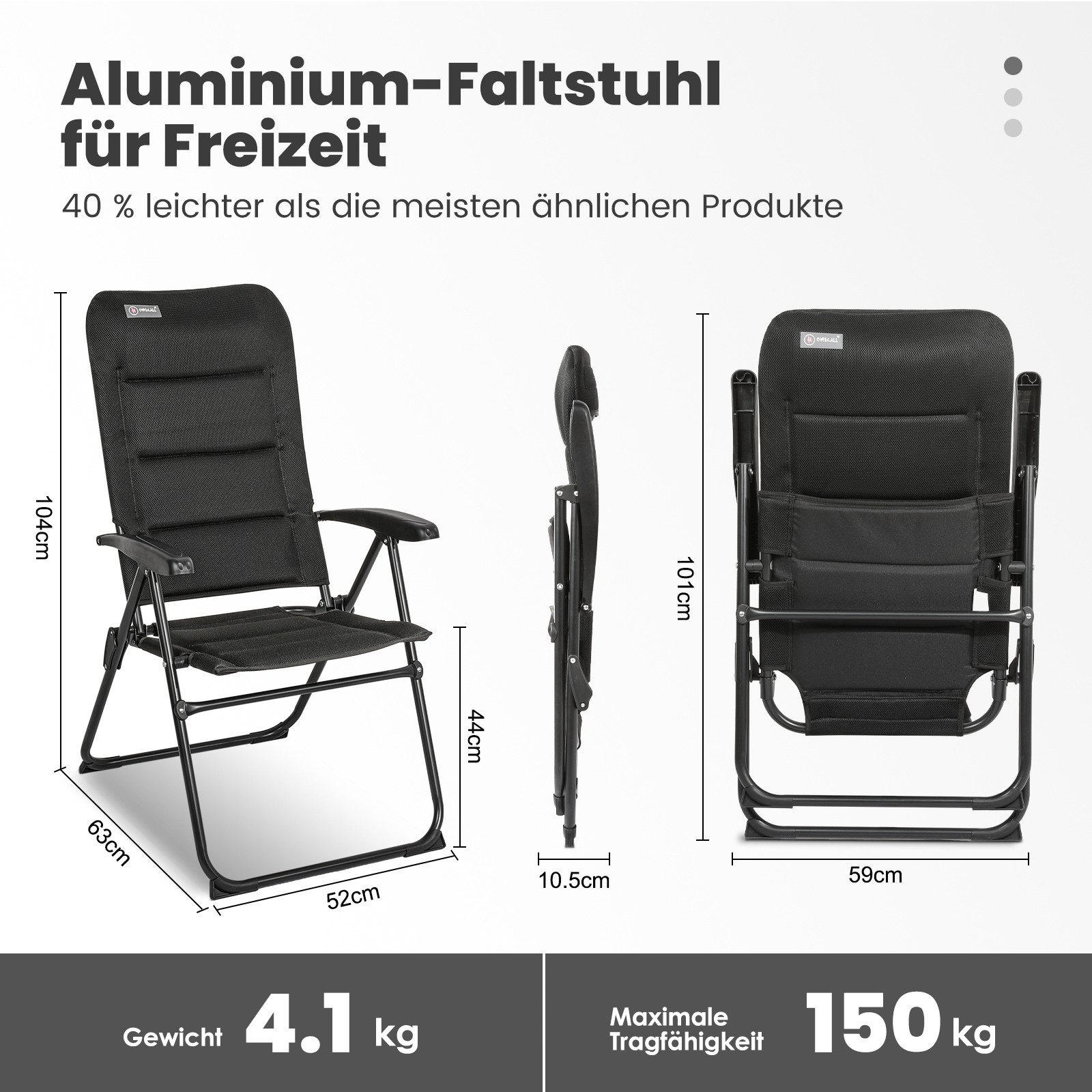 HOMECALL Gartenstuhl Hochlehner Campingstuhl Klappstühle Gepolstert Faltstuhl Balkonstuhl (Anglerstuhl, 1 St), mit 5-Fach Verstellbare lehne, für Camp Garten Balkon, Belastbar 150KG