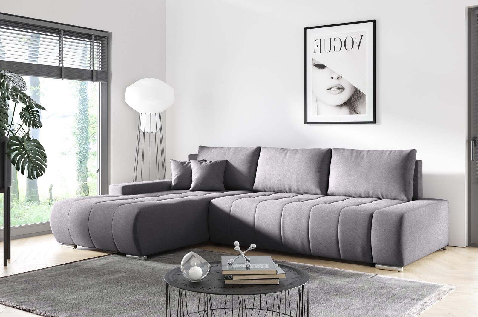 Ecksofa L-Form Ecksofa Schlaffunktion, mit Grau mit Compleo Velourstoff aus Steppung, KLARA