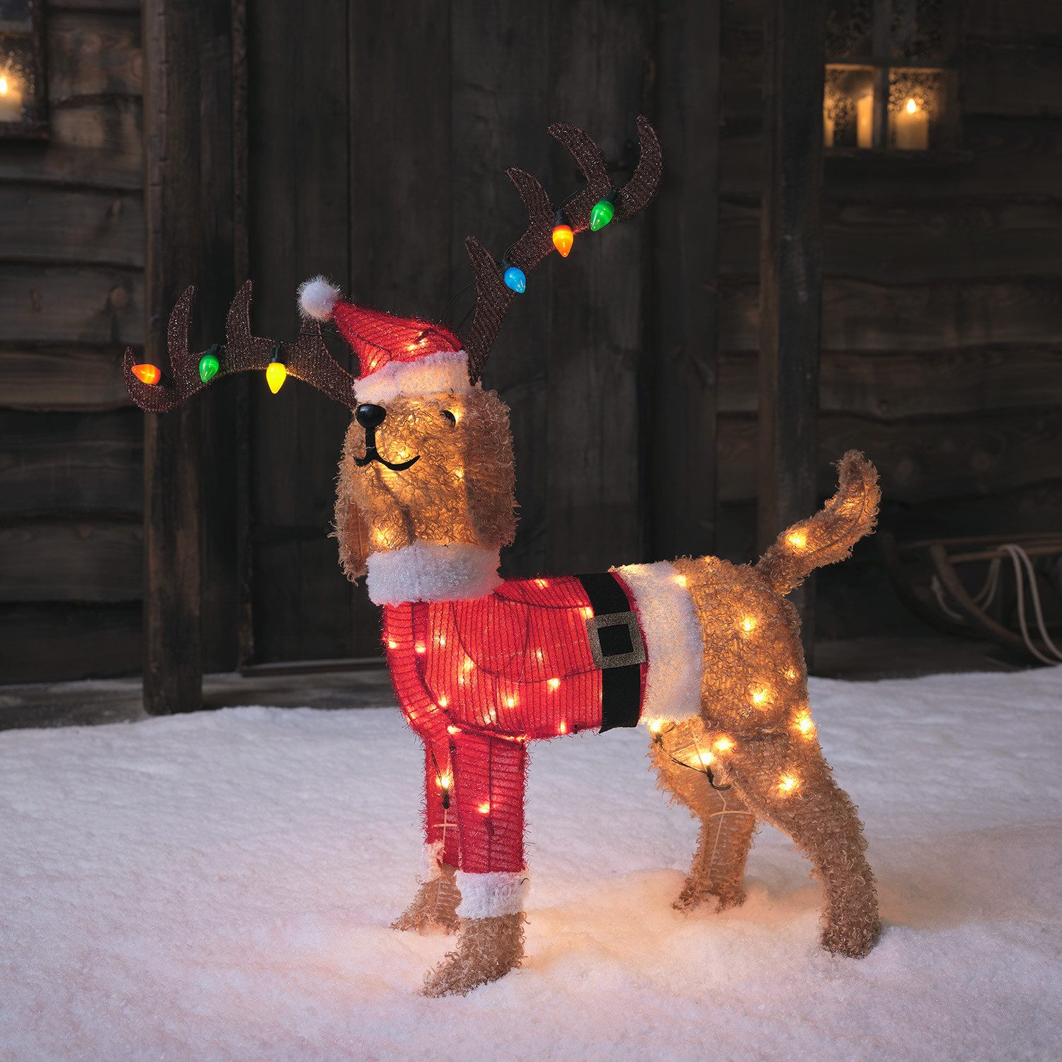 Lights4fun LED-Dekofigur 80cm LED Weihnachtsfigur außen Berry der Hund