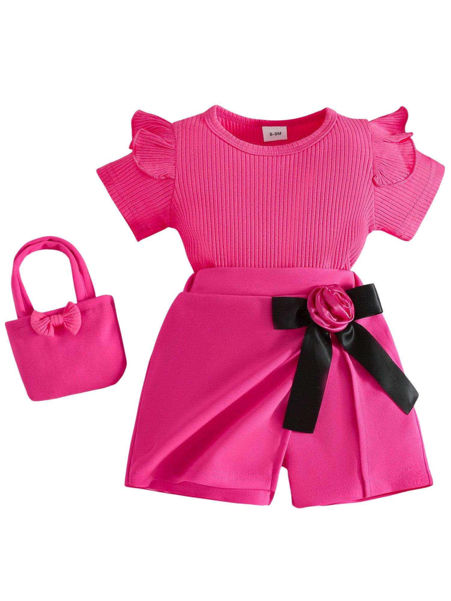 Lapastyle Top & Shorts Mädchen Baby Sommer Set, Alltagskleidung, Partyoutfits, Festtagssets (Set, 3-tlg) Oberteil mit Rüschen, Shorts Skirt mit Blumen-Schleifen, Handtasche