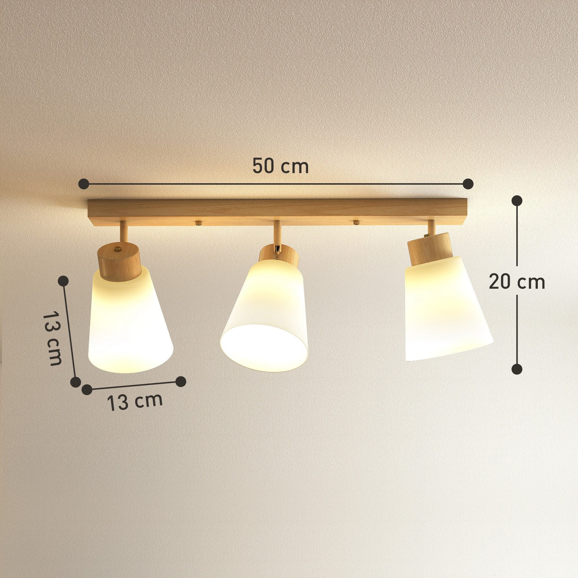 HOMCOM Deckenleuchte LED 40W 3-flammige Deckenlampe, Doppelmontage, verstellbare Köpfe, ohne Leuchtmittel, für Schlafzimmer, Wohnzimmer, Naturholz – Bild 3 von 5