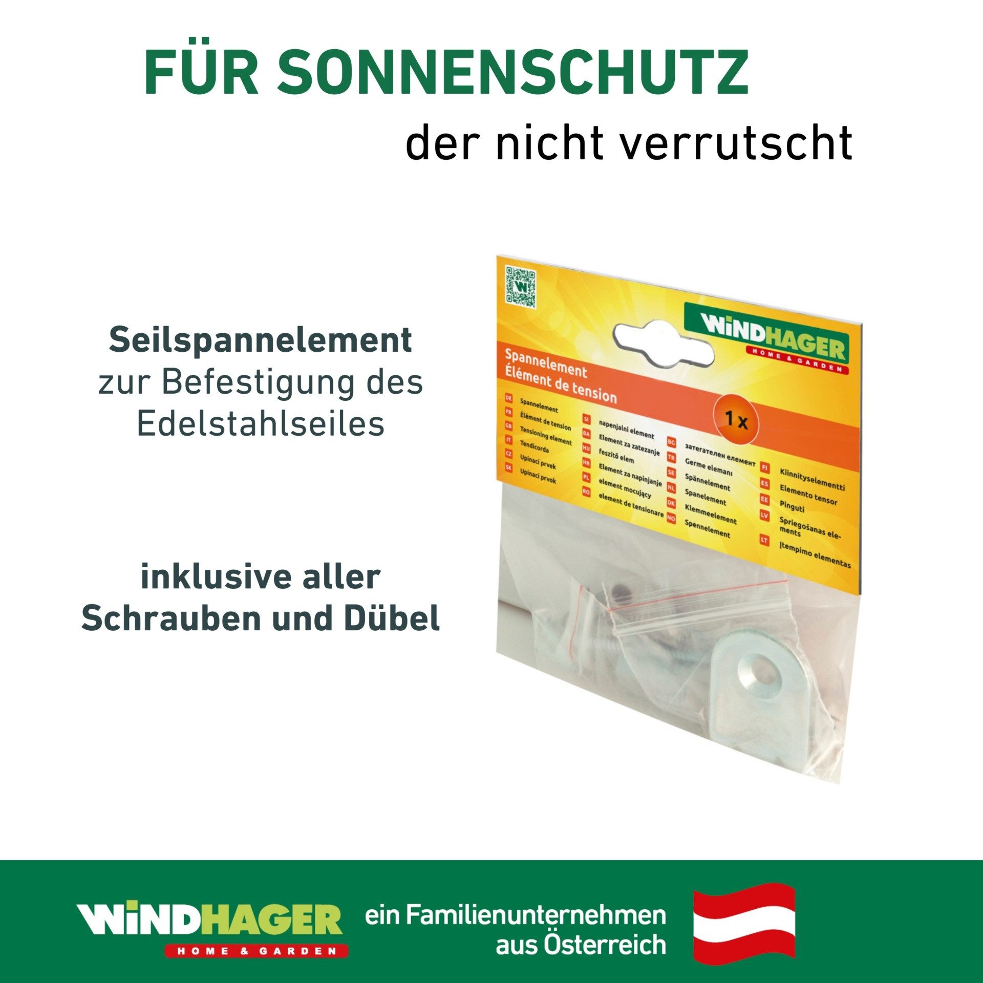 Windhager Seilspanngarnitur verhindert das Verrutschen von Sonnensegeln, (1-St), Seilspannelement für Decken- und Wandmontage